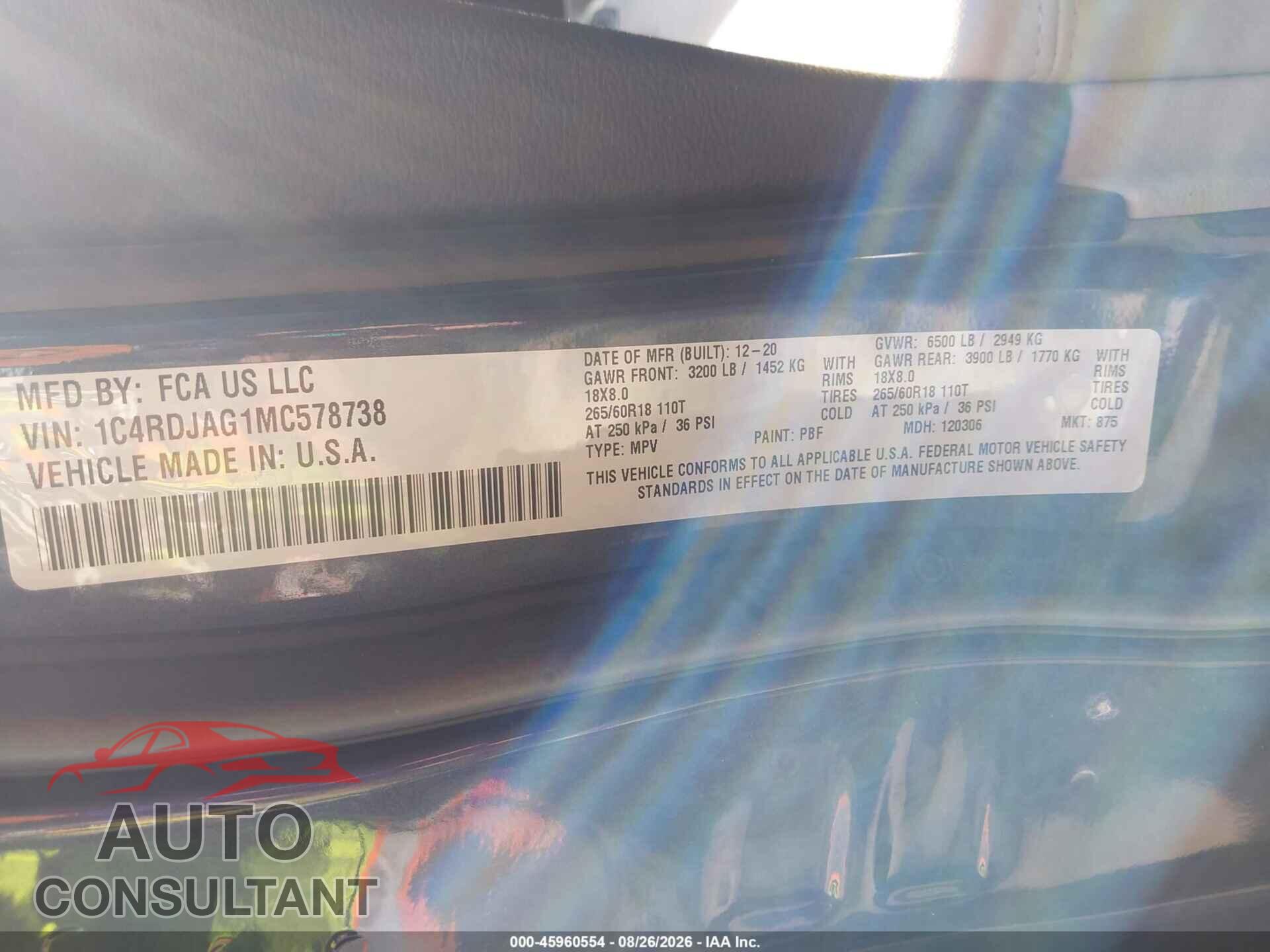 DODGE DURANGO 2021 - 1C4RDJAG1MC578738