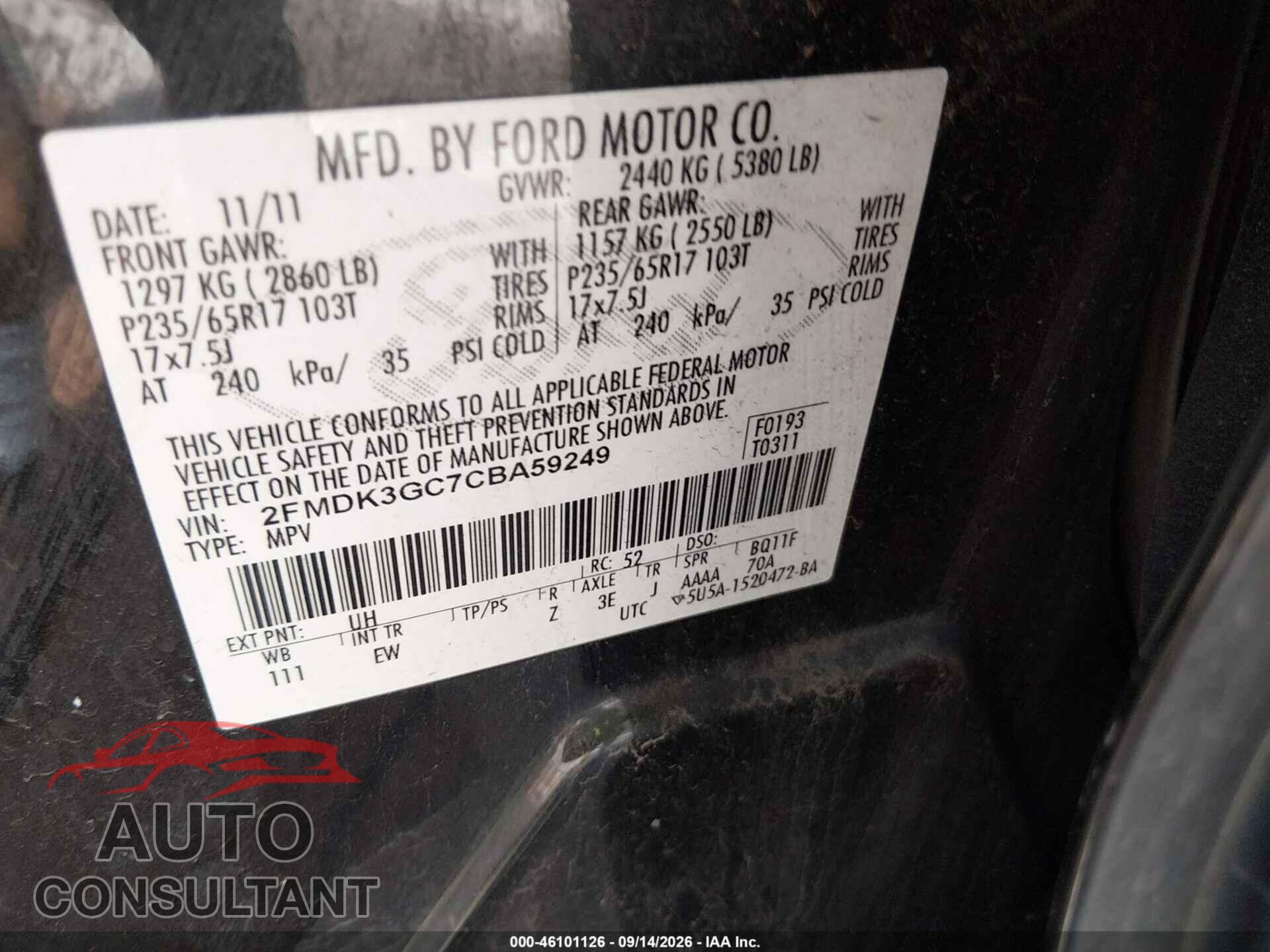 FORD EDGE 2012 - 2FMDK3GC7CBA59249