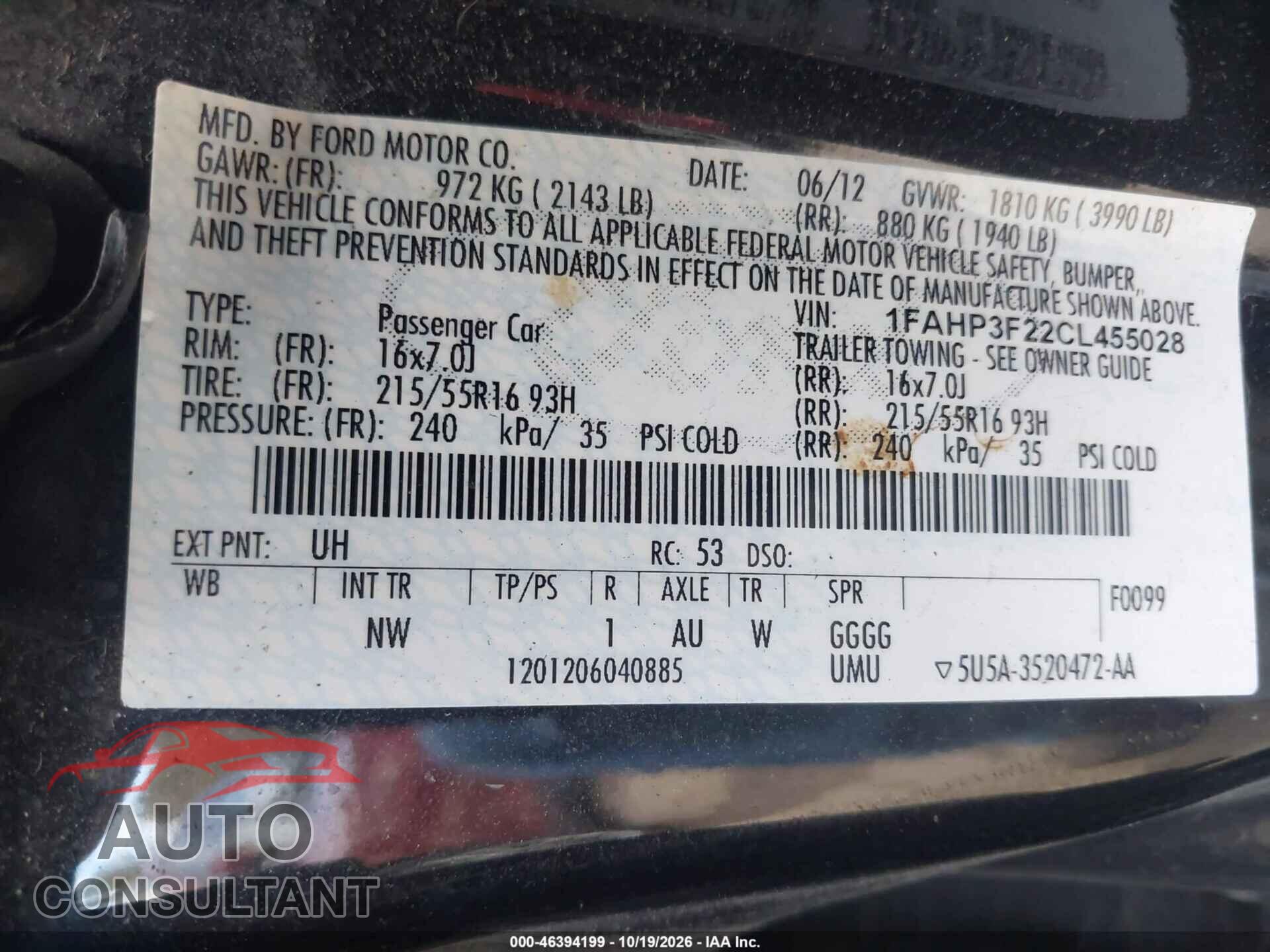 FORD FOCUS 2012 - 1FAHP3F22CL455028