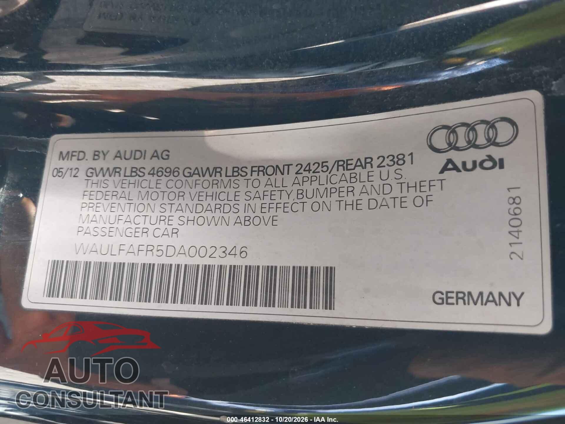 AUDI A5 2013 - WAULFAFR5DA002346