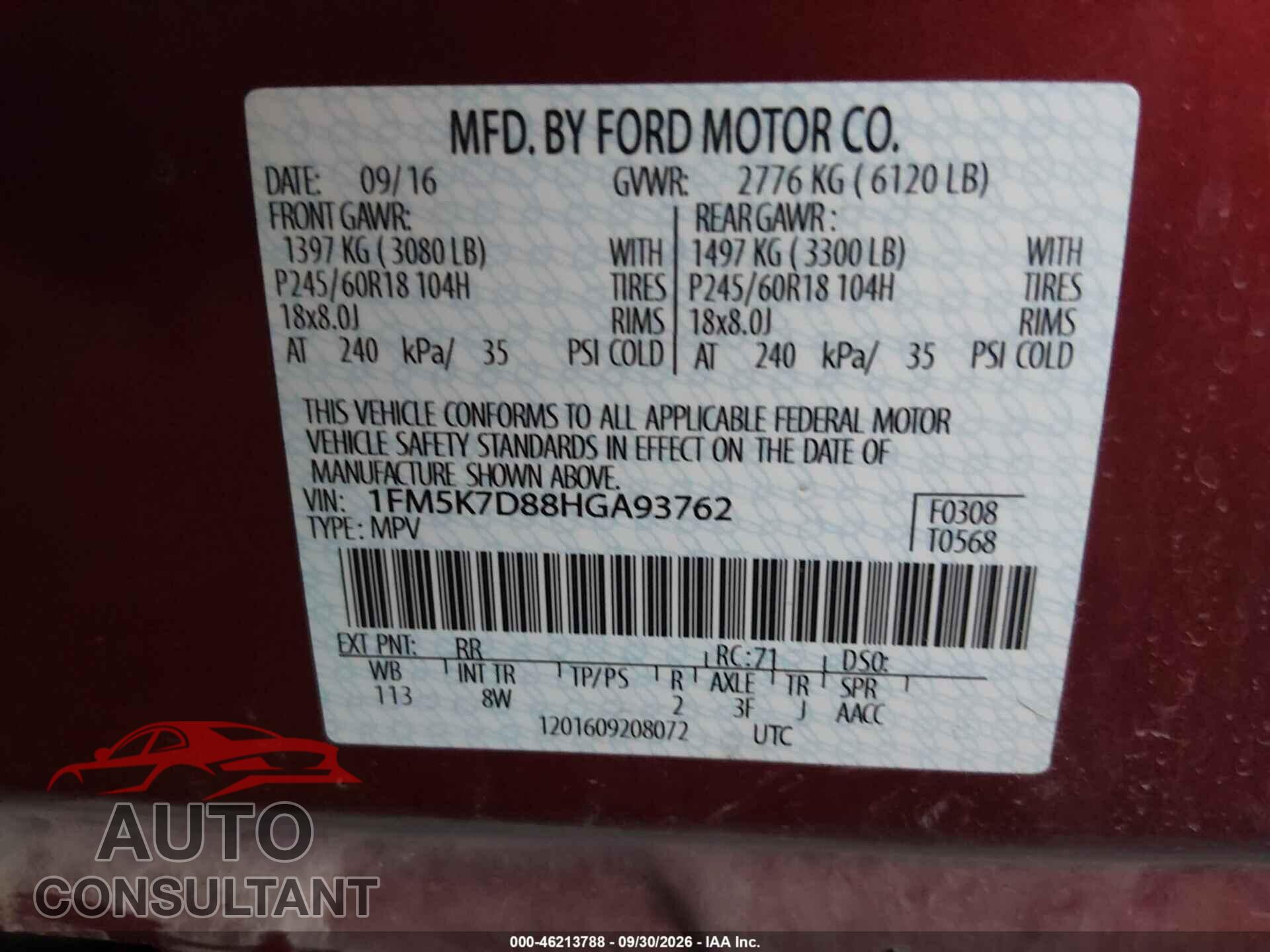 FORD EXPLORER 2017 - 1FM5K7D88HGA93762
