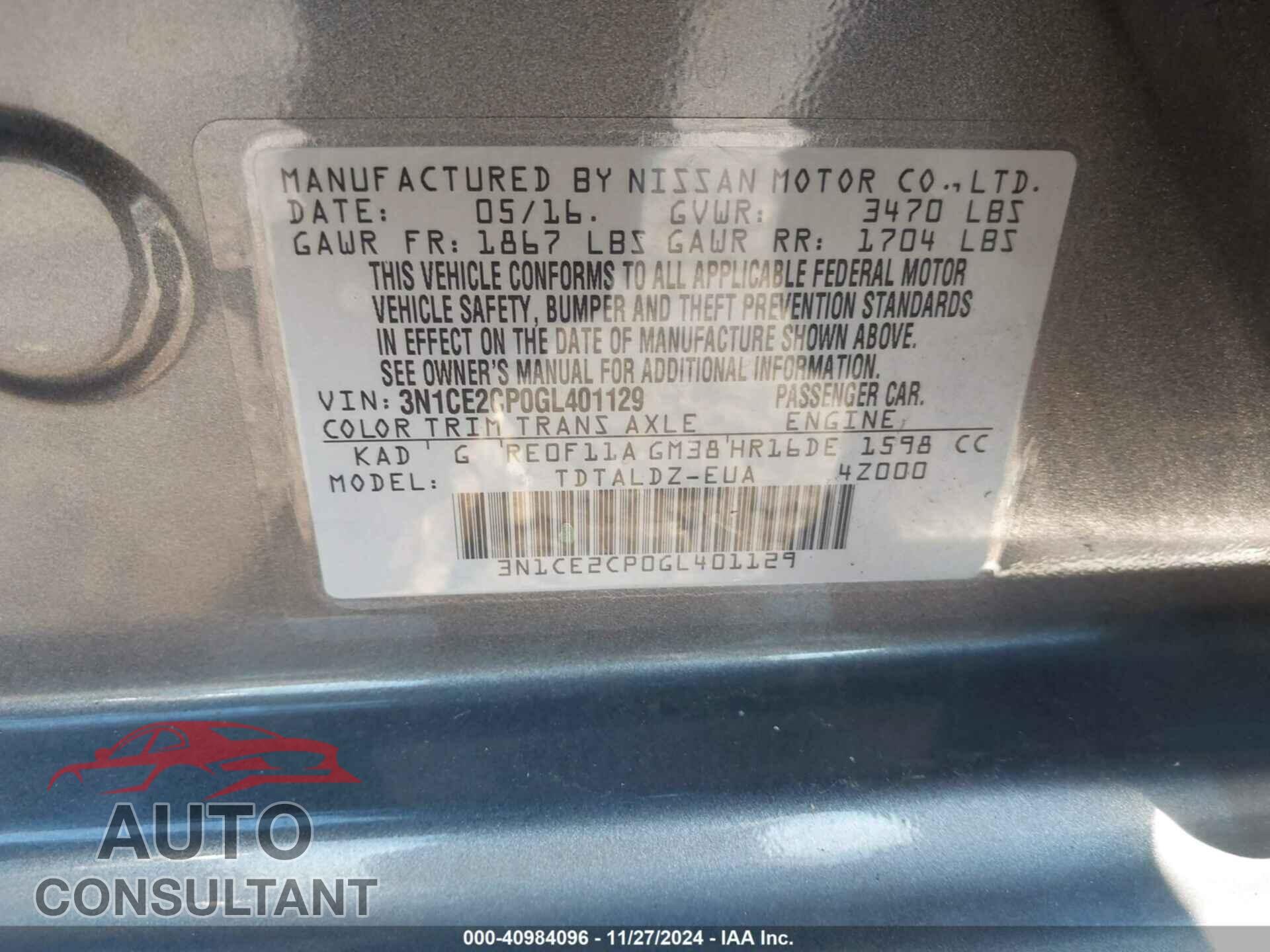 NISSAN VERSA NOTE 2016 - 3N1CE2CP0GL401129