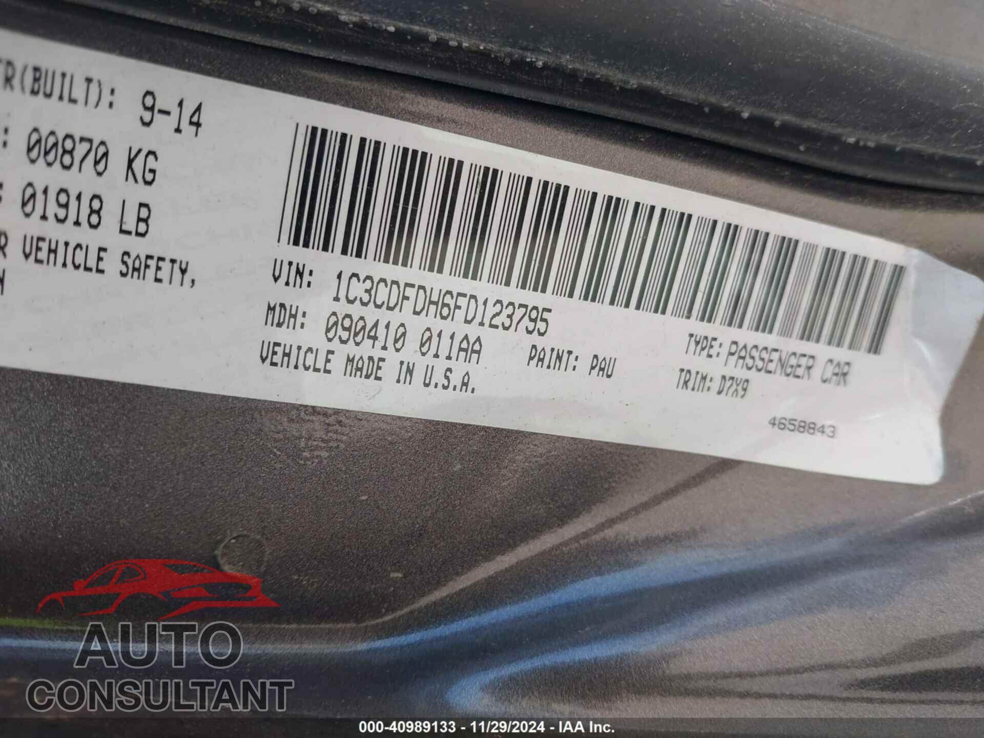DODGE DART 2015 - 1C3CDFDH6FD123795