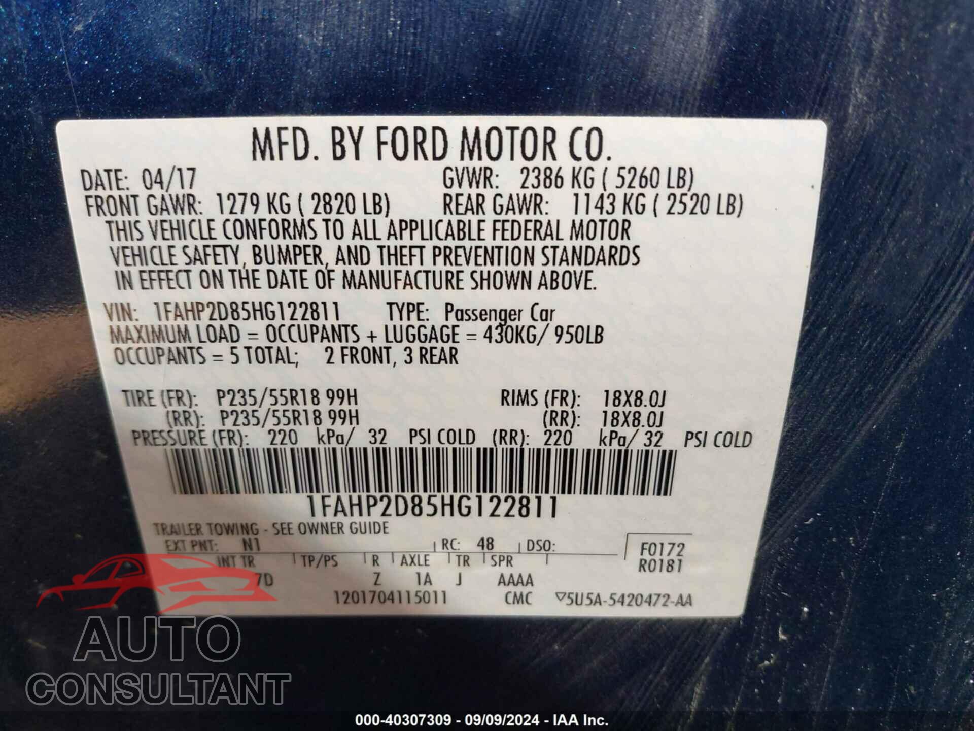 FORD TAURUS 2017 - 1FAHP2D85HG122811