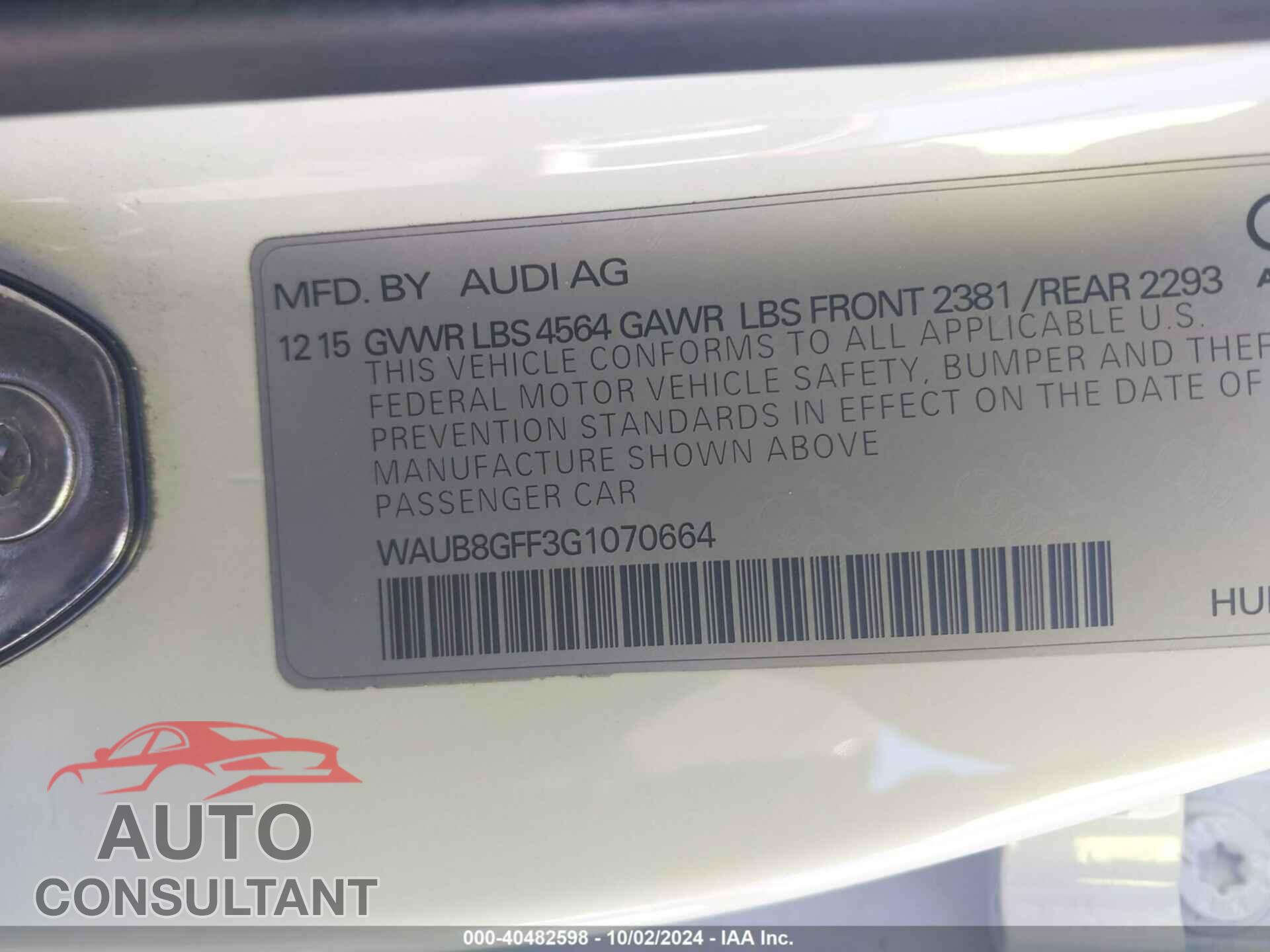 AUDI A3 2016 - WAUB8GFF3G1070664