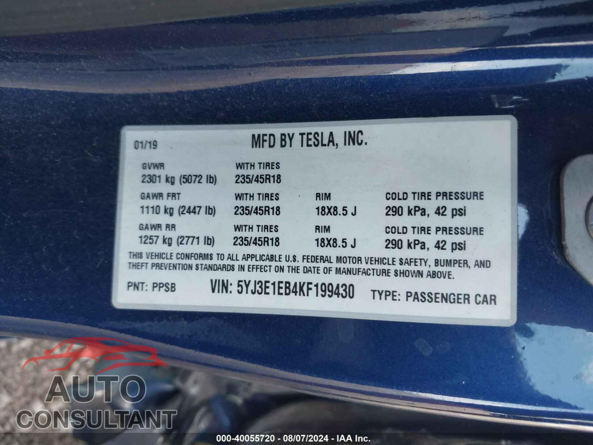 TESLA MODEL 3 2019 - 5YJ3E1EB4KF199430