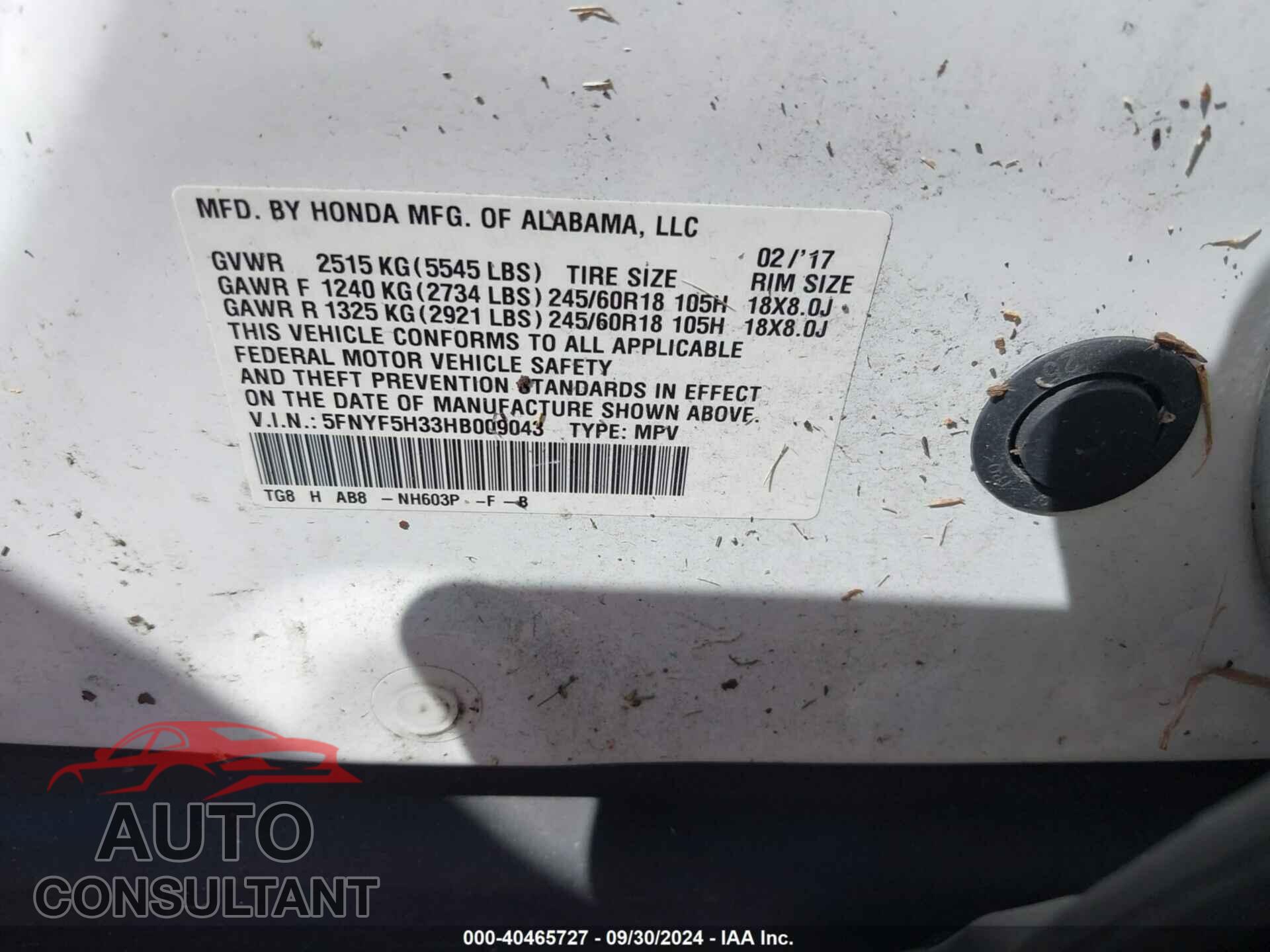 HONDA PILOT 2017 - 5FNYF5H33HB009043