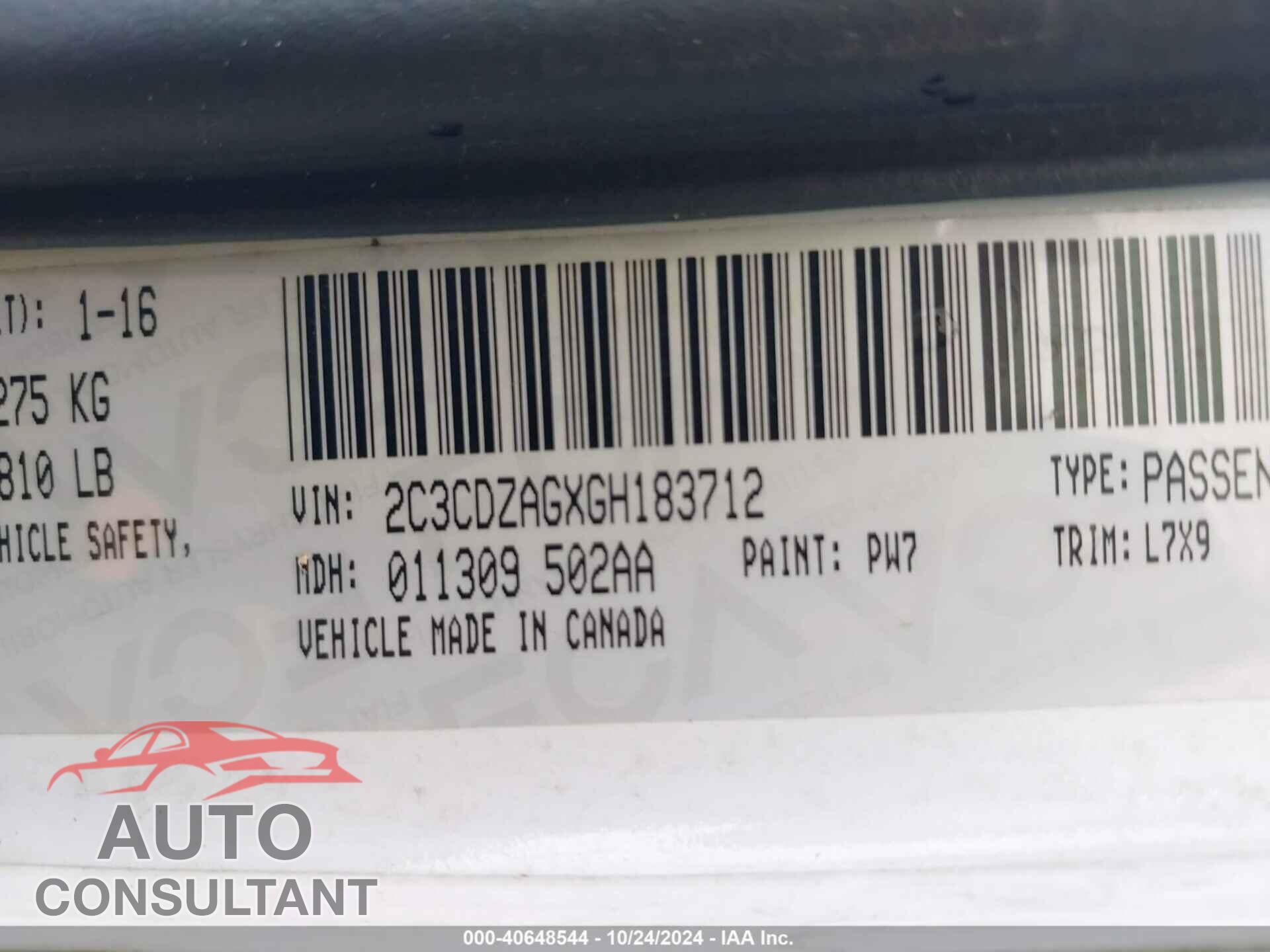 DODGE CHALLENGER 2016 - 2C3CDZAGXGH183712