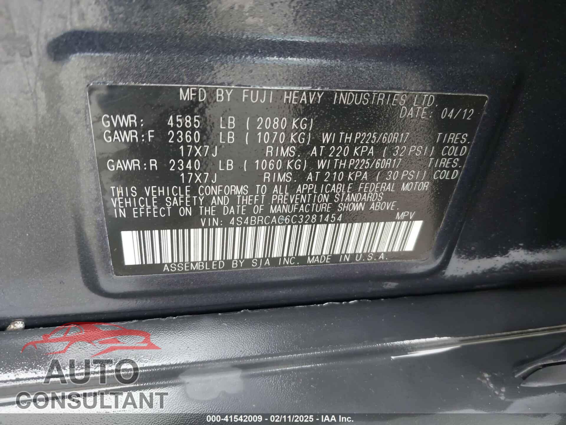 SUBARU OUTBACK 2012 - 4S4BRCAC6C3281454
