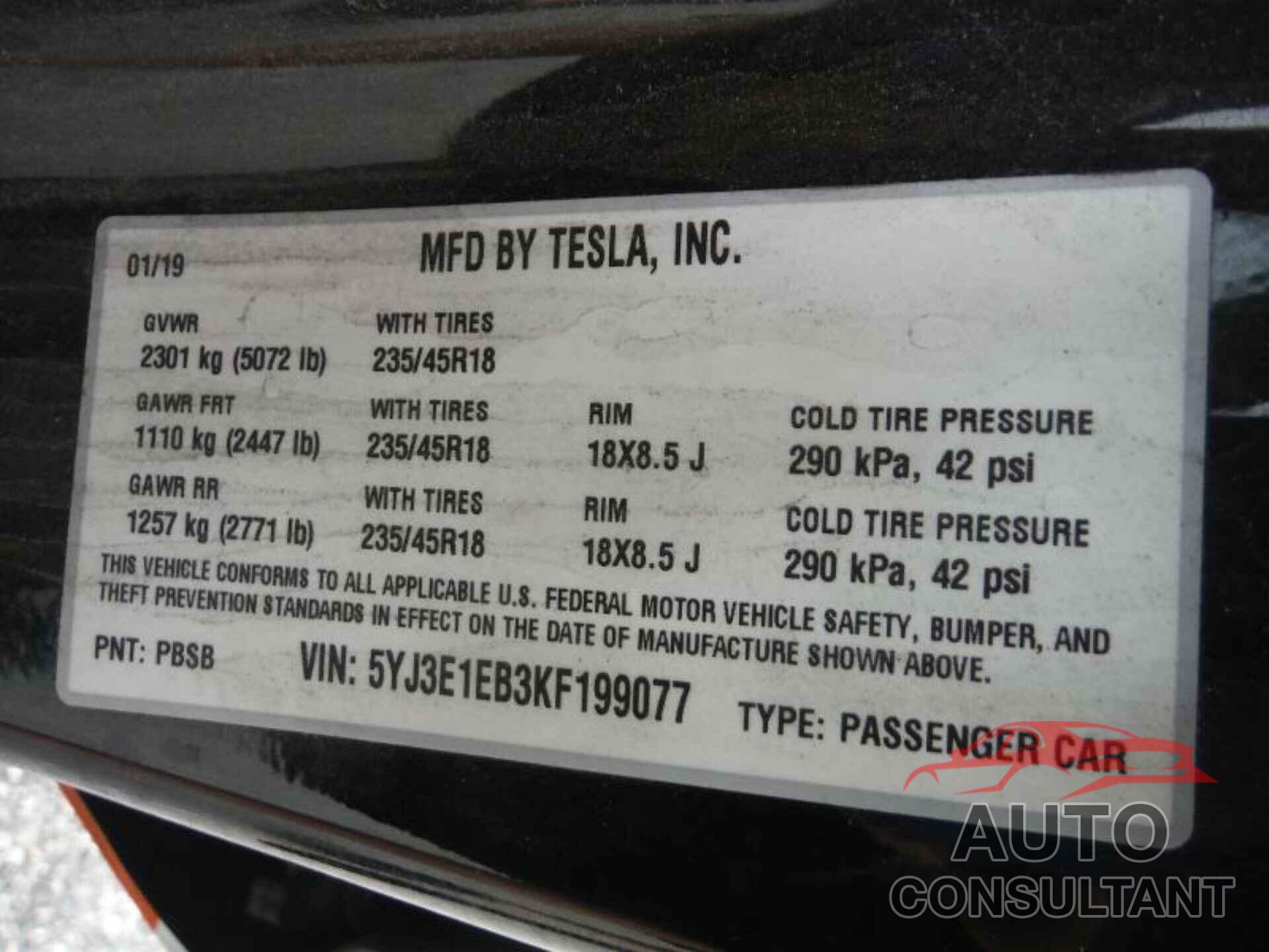 TESLA MODEL 3 2019 - 5YJ3E1EB3KF199077