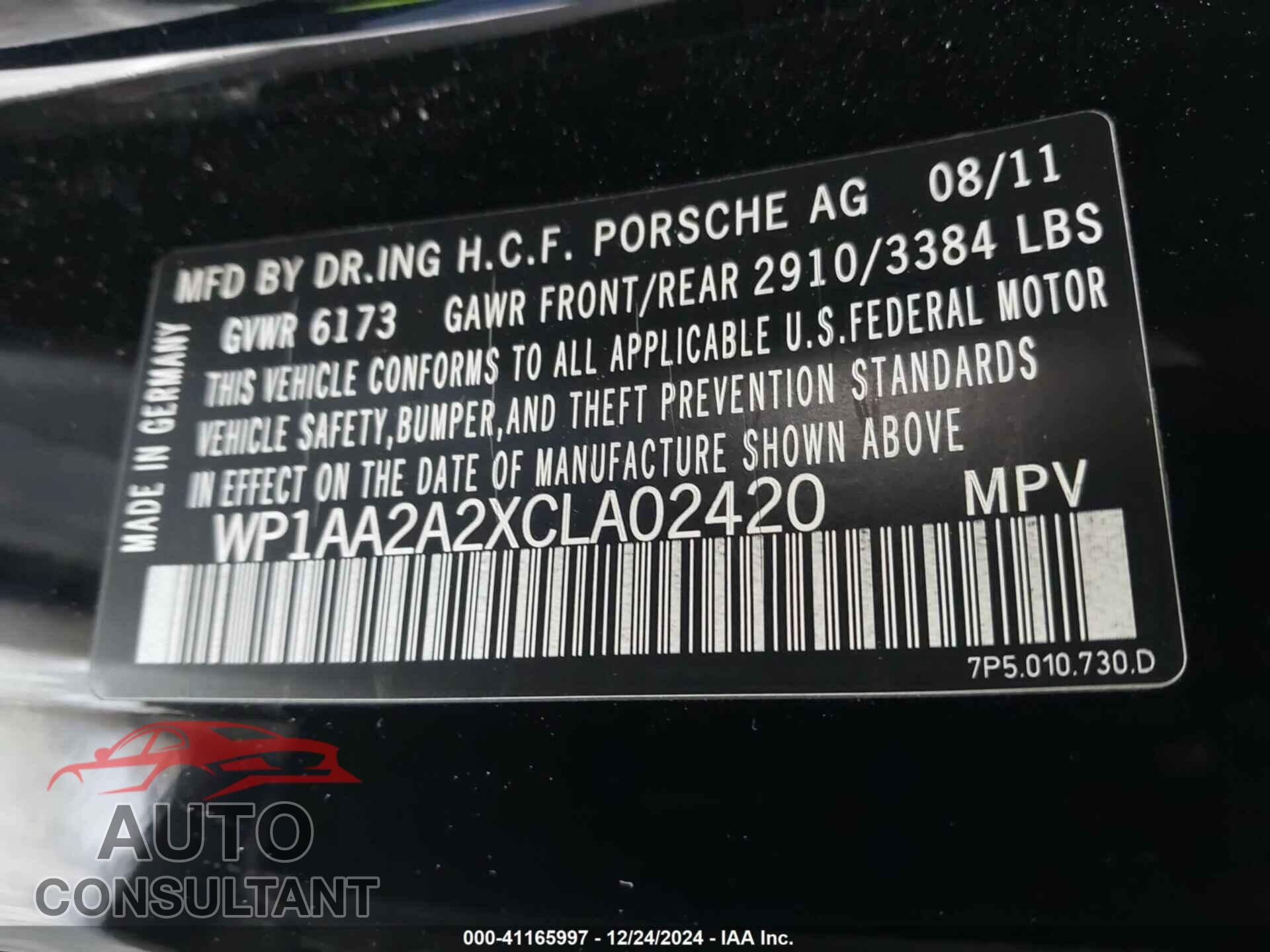 PORSCHE CAYENNE 2012 - WP1AA2A2XCLA02420
