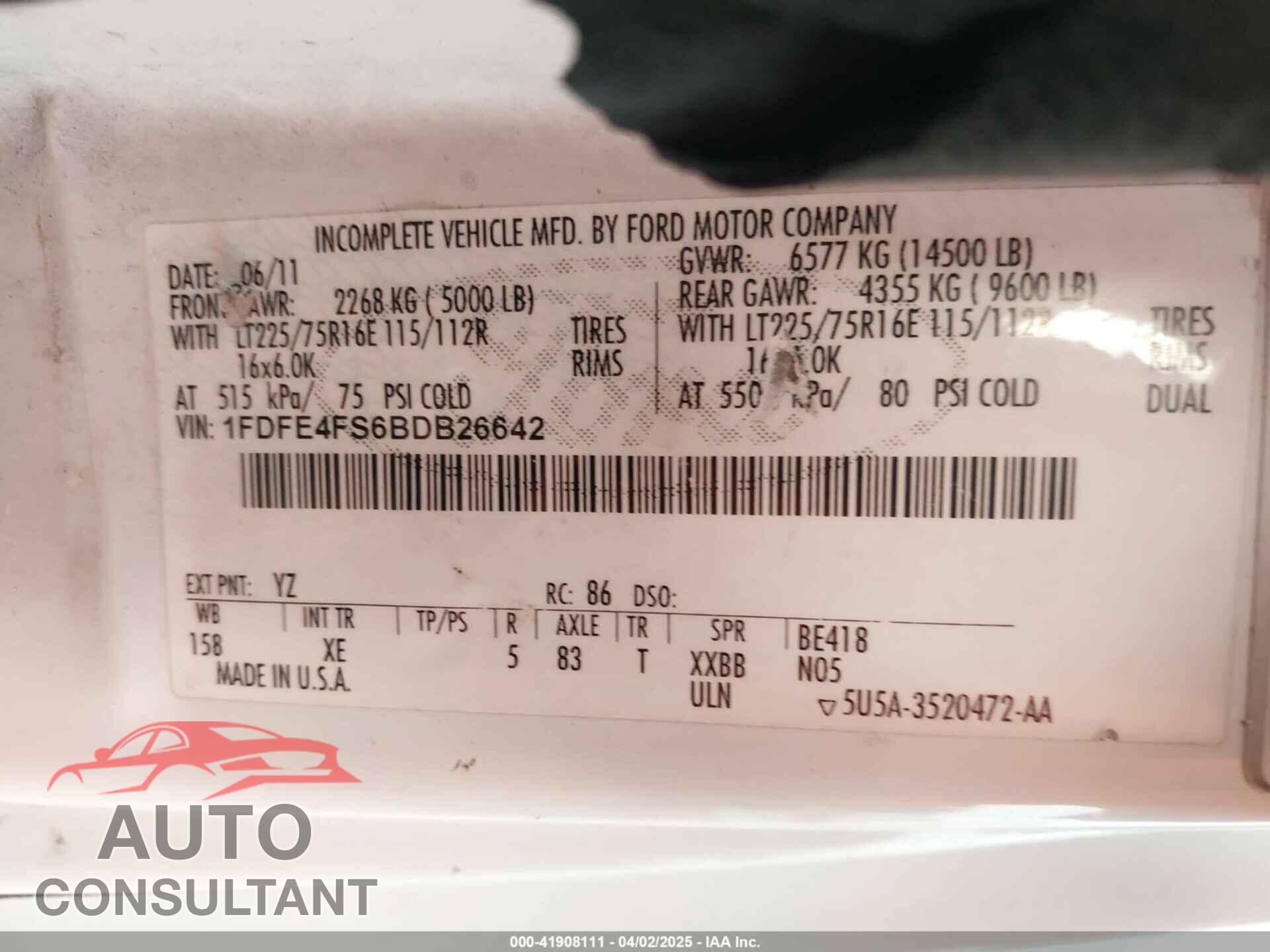 FORD E-450 CUTAWAY 2011 - 1FDFE4FS6BDB26642