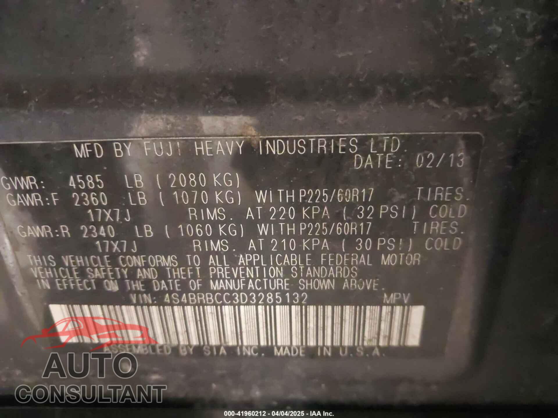 SUBARU OUTBACK 2013 - 4S4BRBCC3D3285132