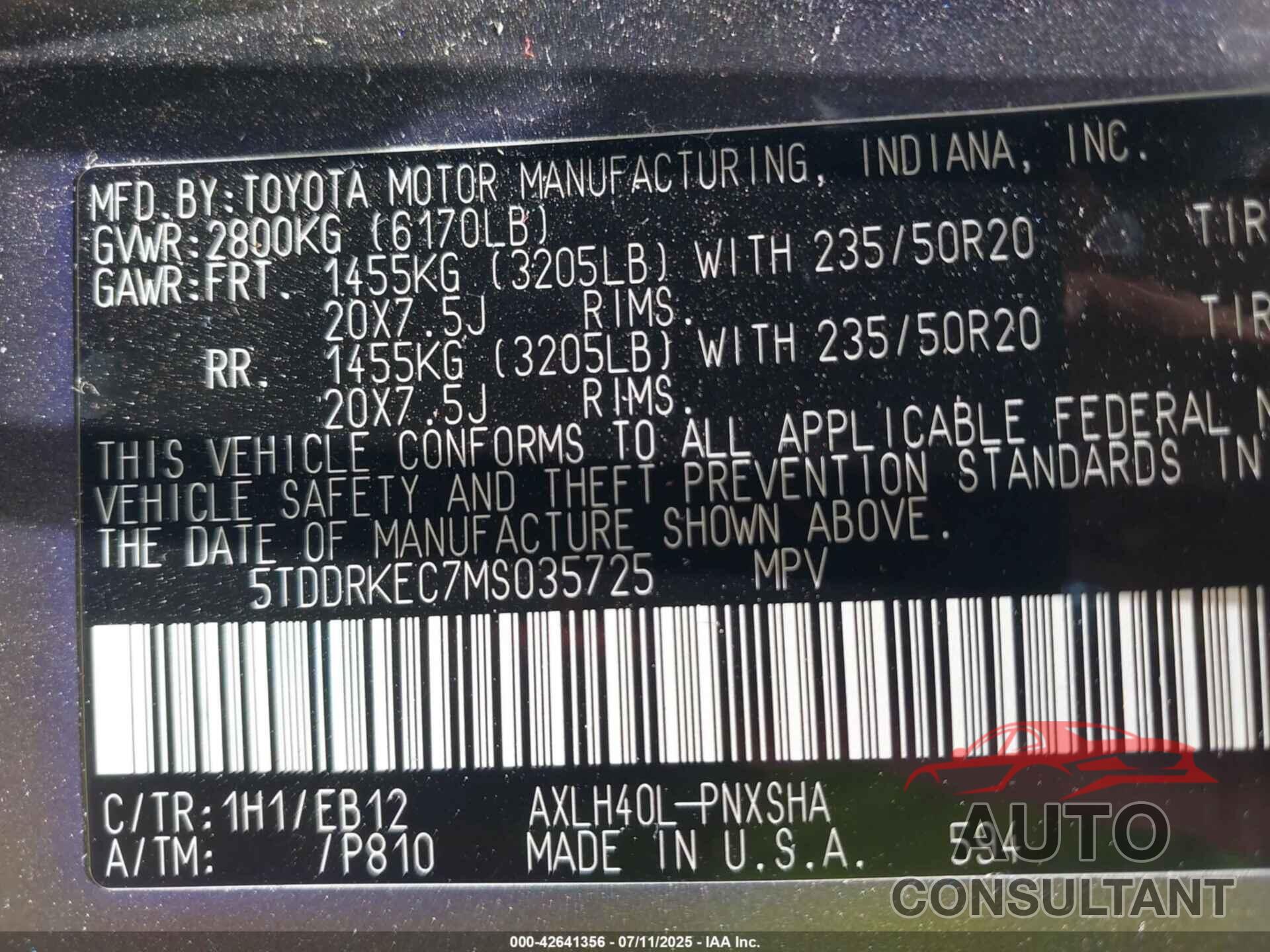 TOYOTA SIENNA 2021 - 5TDDRKEC7MS035725