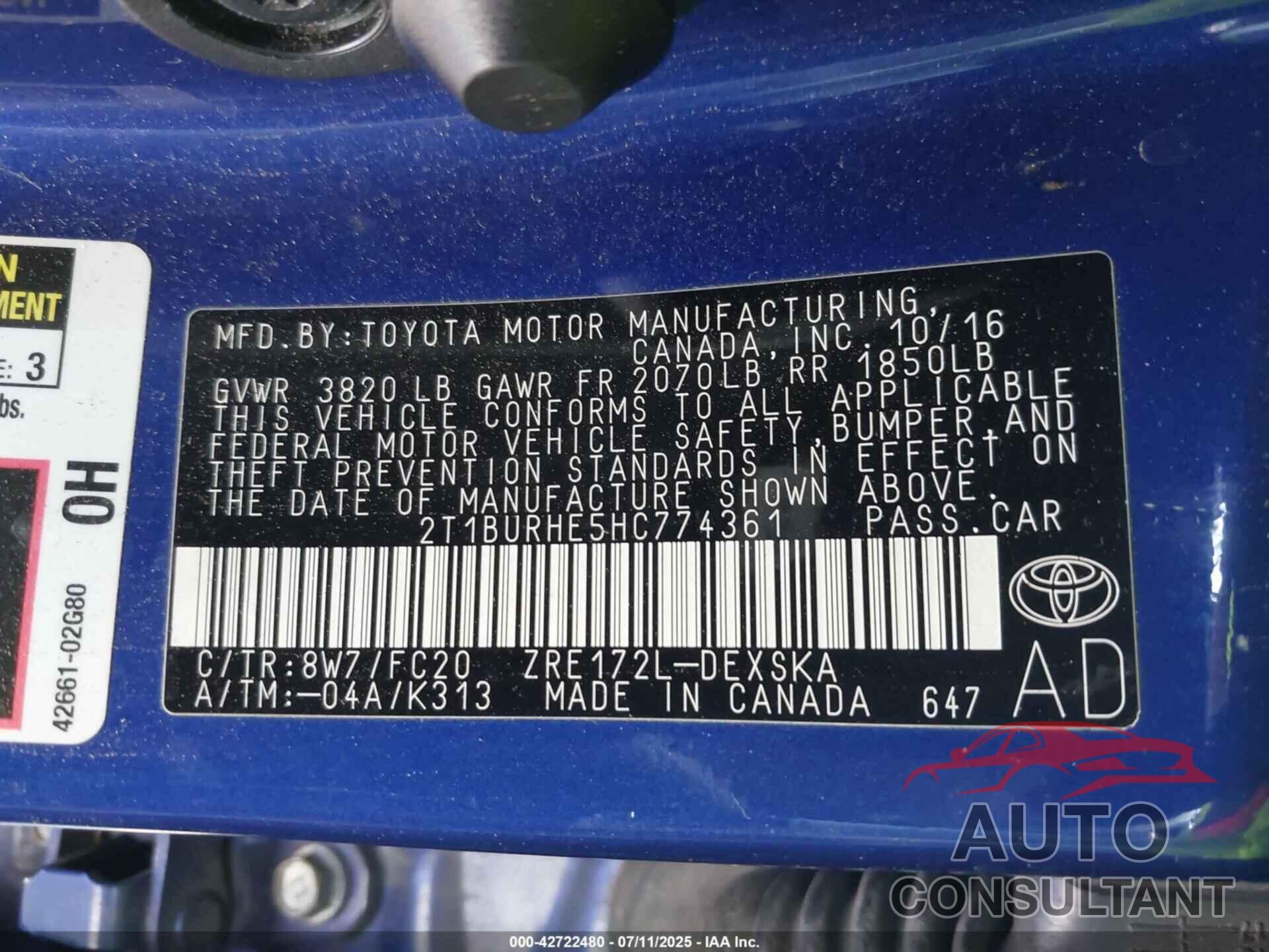 TOYOTA COROLLA 2017 - 2T1BURHE5HC774361