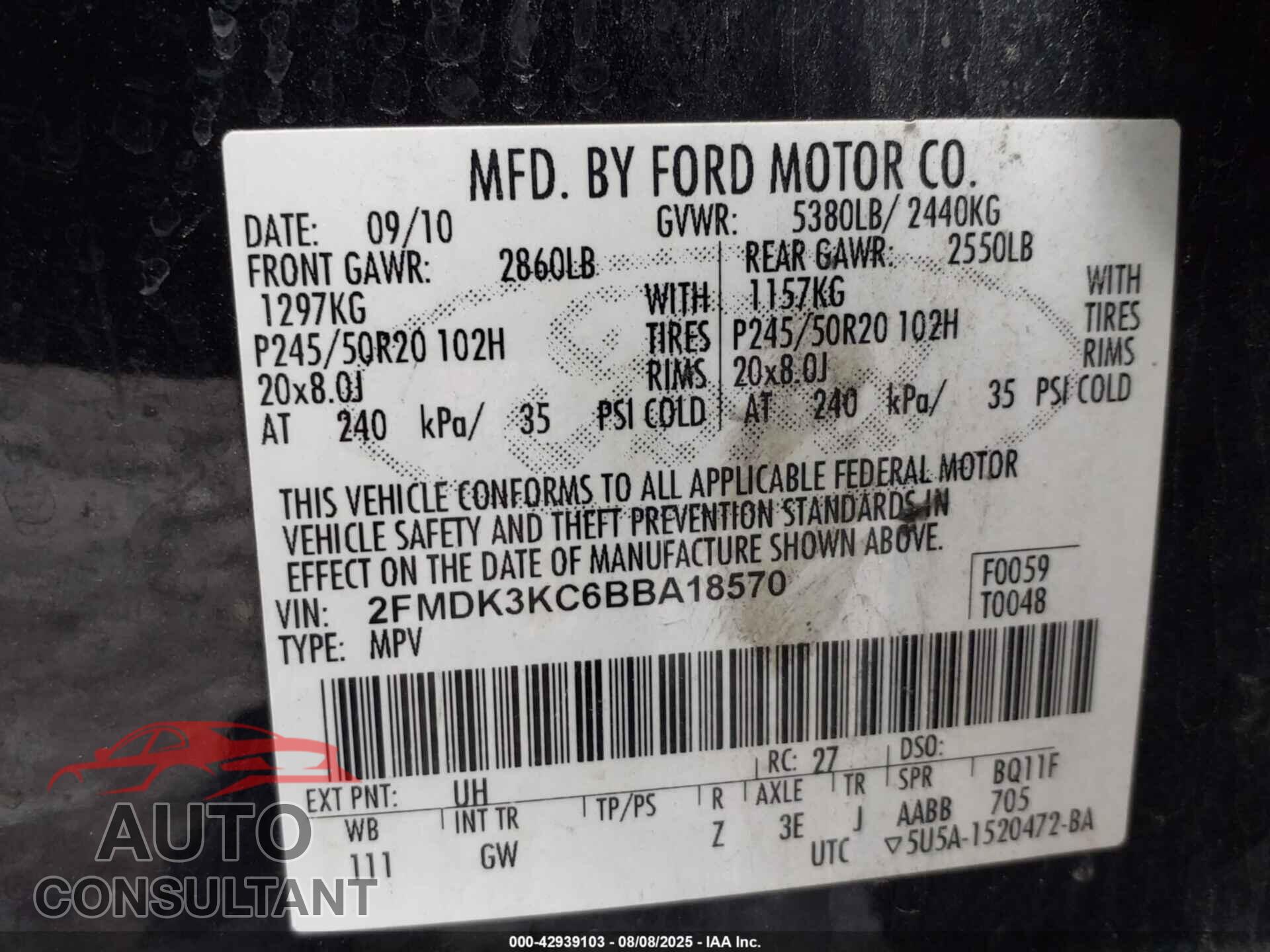 FORD EDGE 2011 - 2FMDK3KC6BBA18570