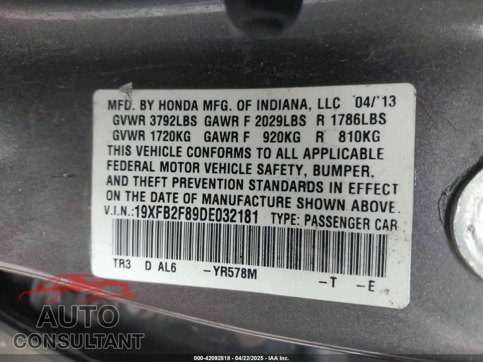 HONDA CIVIC 2013 - 19XFB2F89DE032181