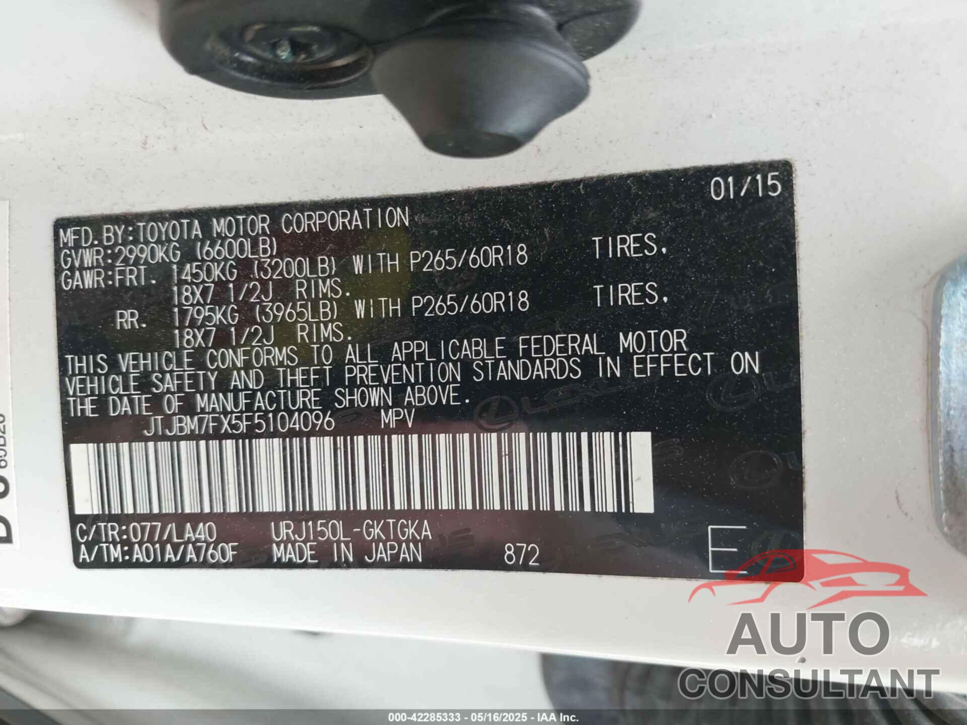 LEXUS GX 460 2015 - JTJBM7FX5F5104096