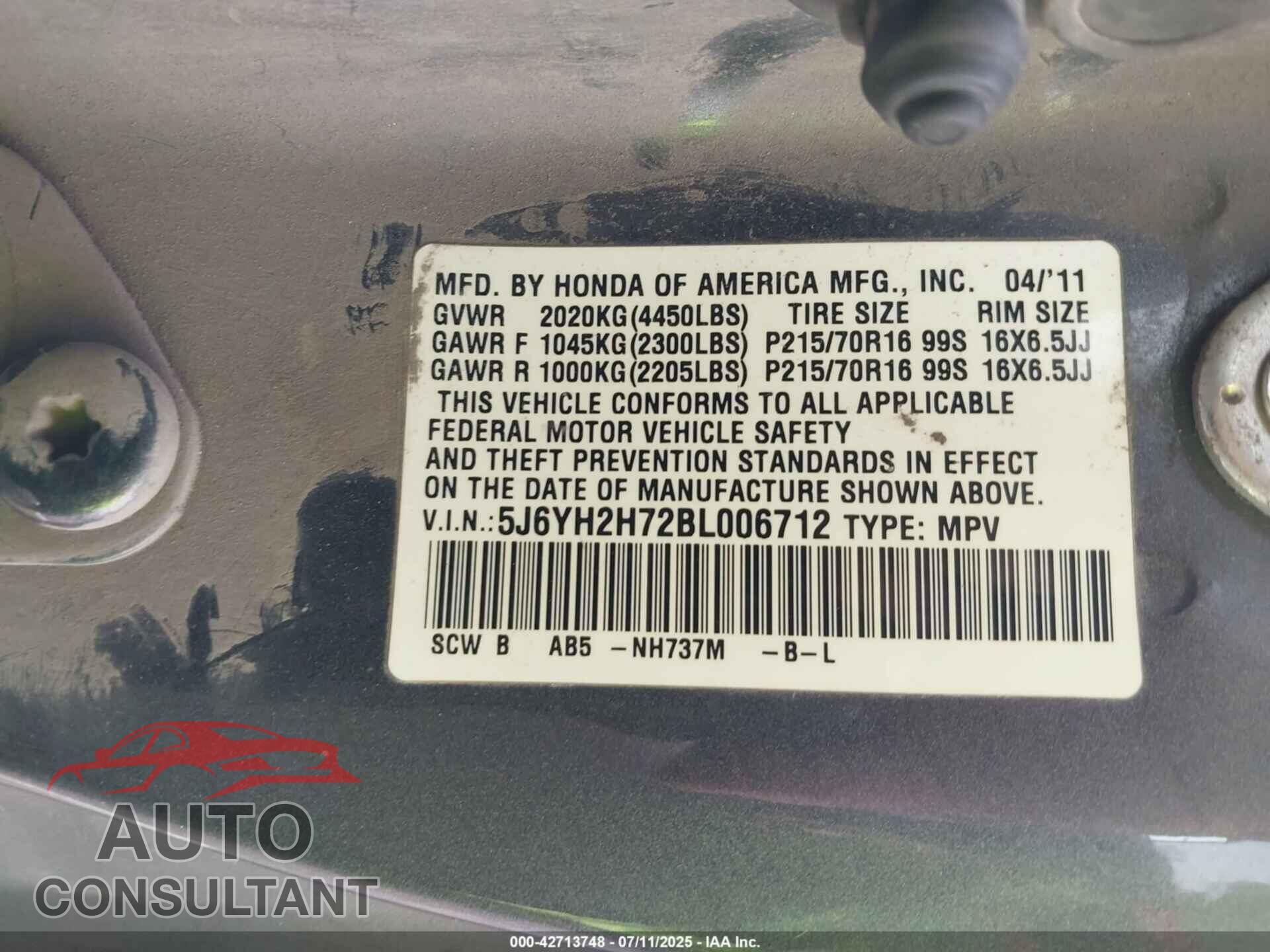 HONDA ELEMENT 2011 - 5J6YH2H72BL006712