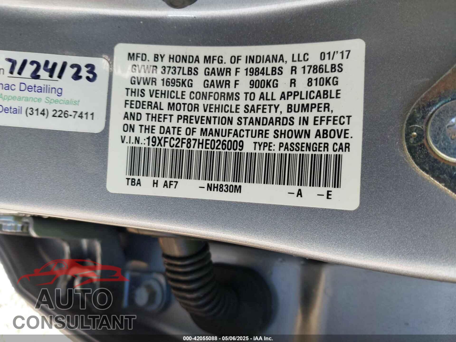 HONDA CIVIC 2017 - 19XFC2F87HE026009