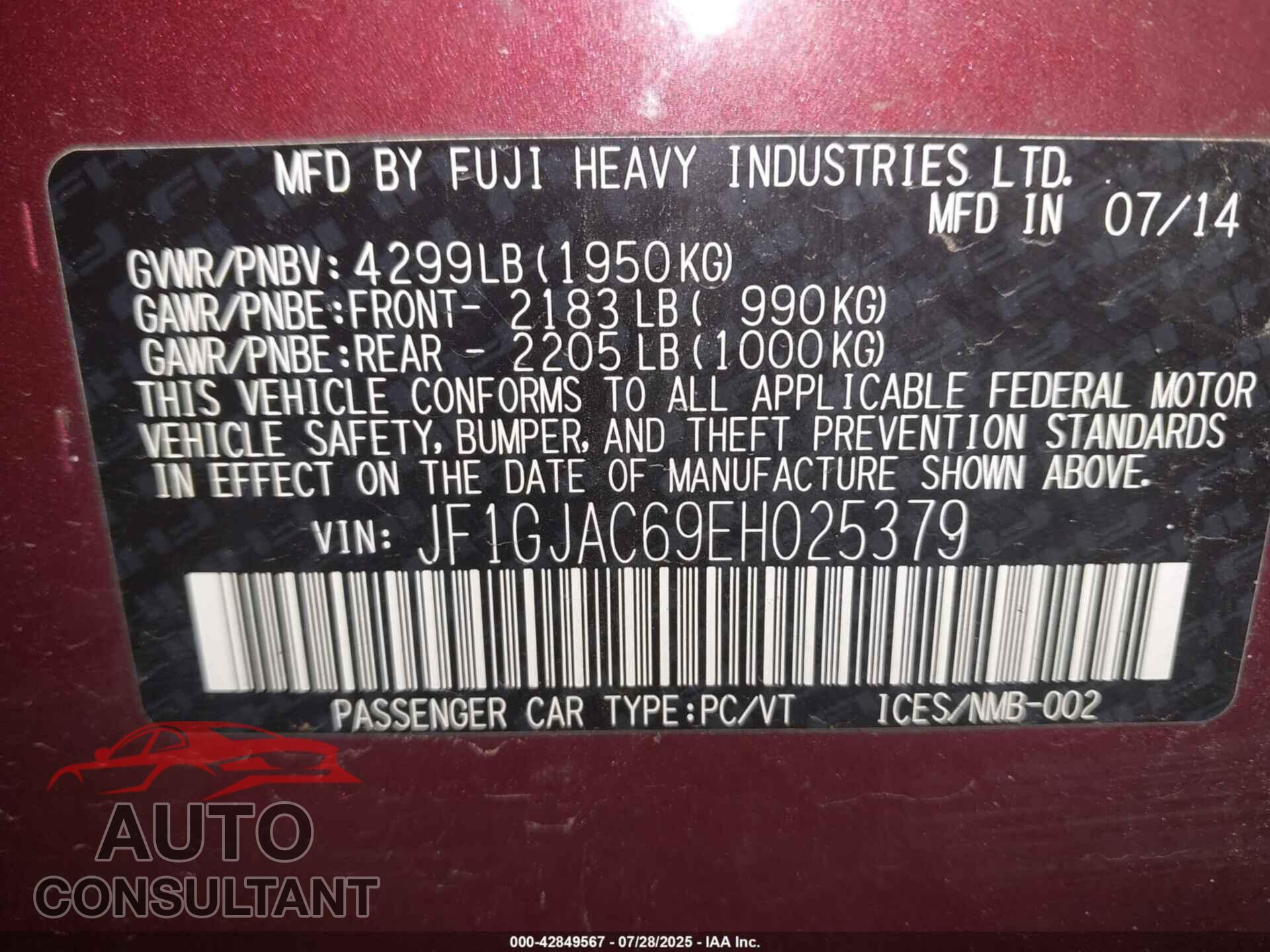 SUBARU IMPREZA 2014 - JF1GJAC69EH025379