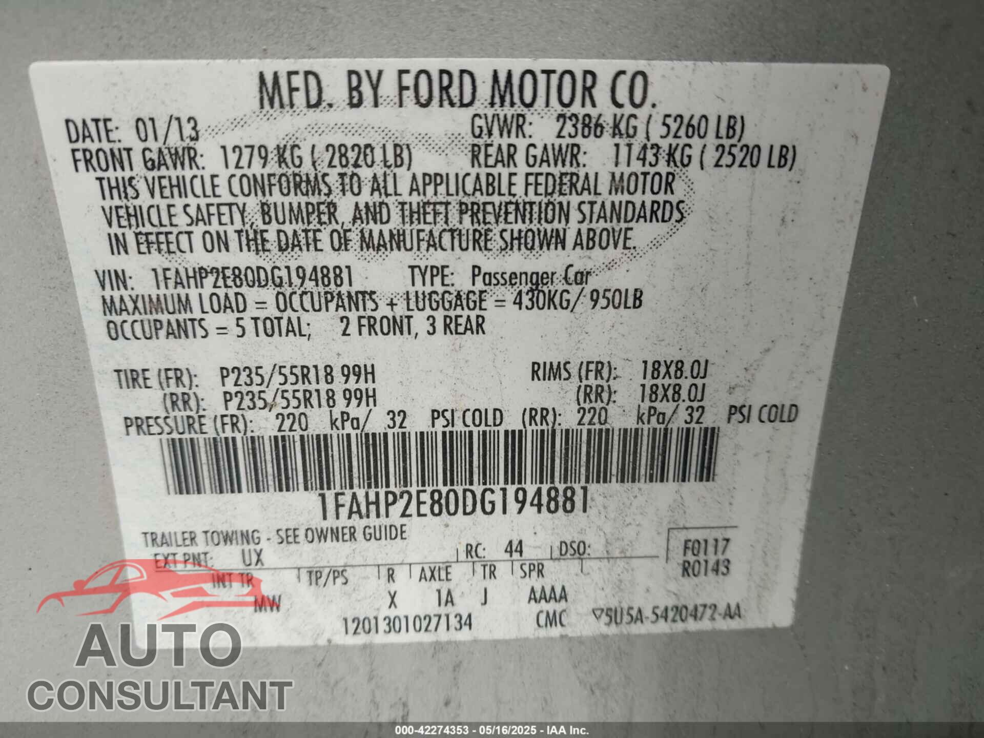 FORD TAURUS 2013 - 1FAHP2E80DG194881