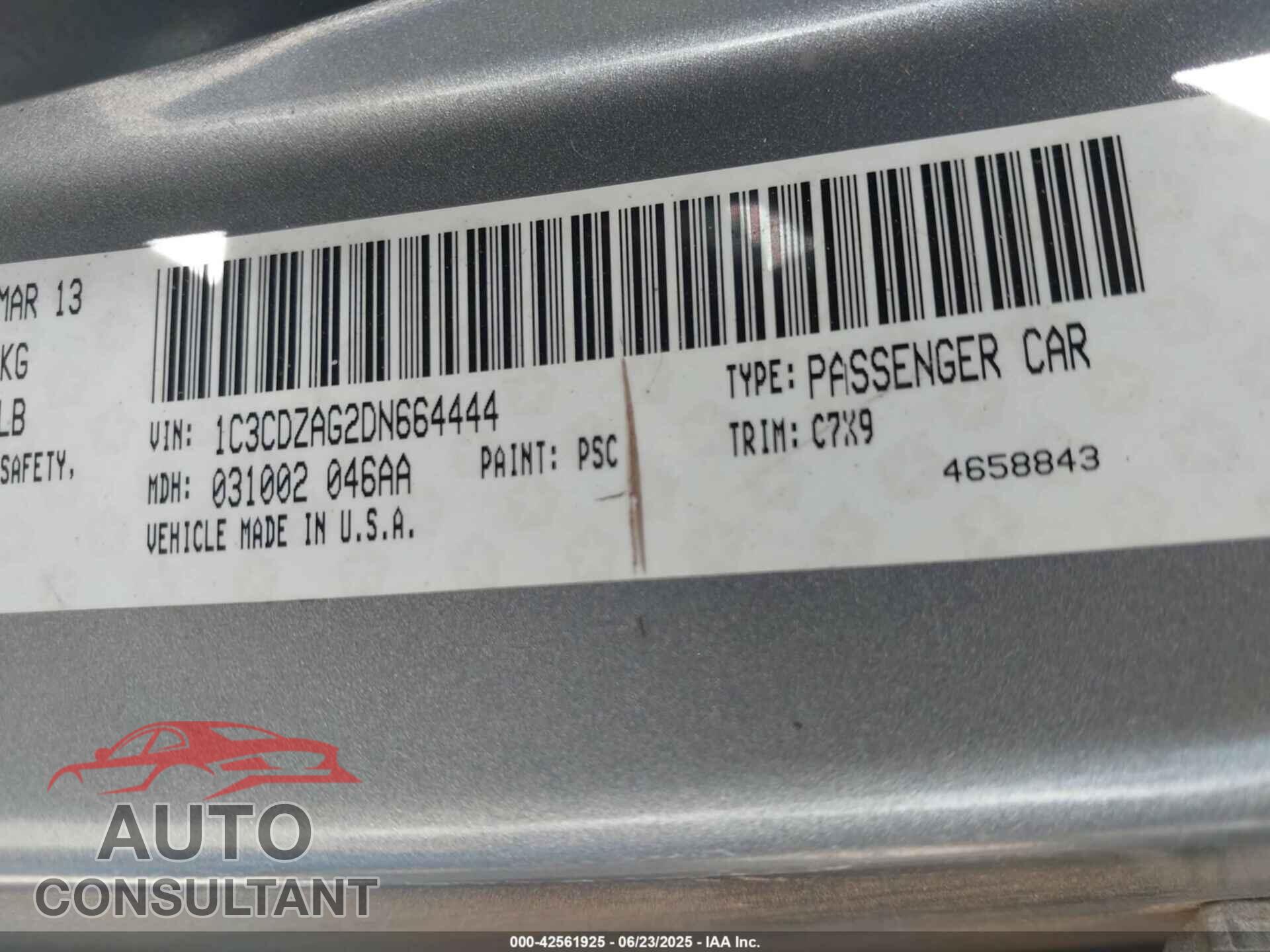 DODGE AVENGER 2013 - 1C3CDZAG2DN664444
