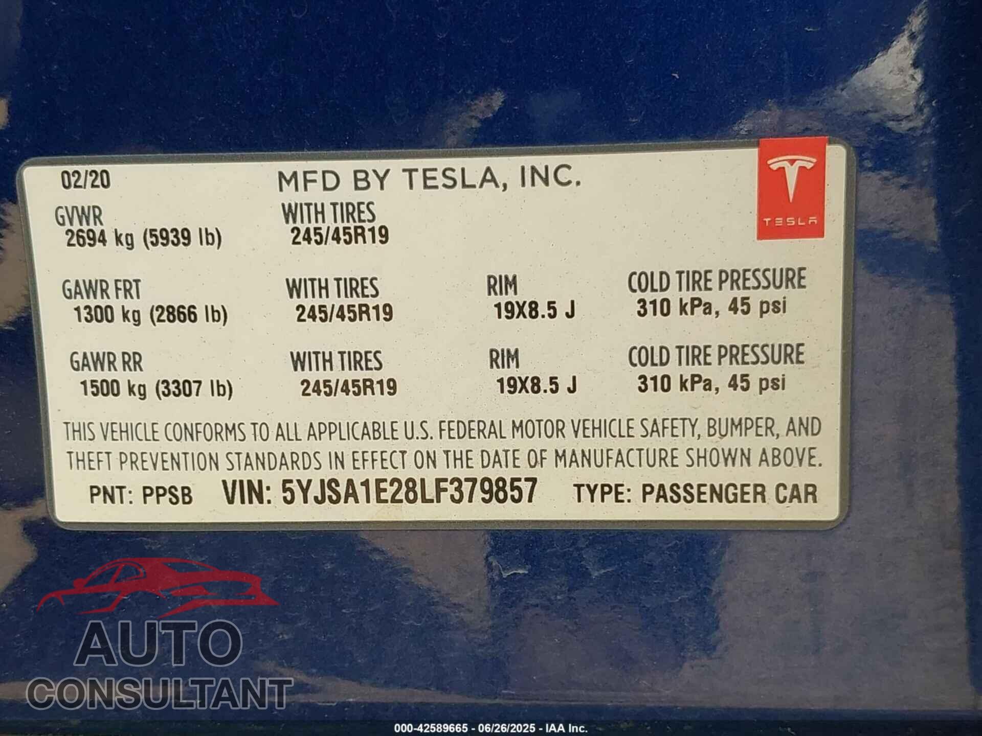 TESLA MODEL S 2020 - 5YJSA1E28LF379857