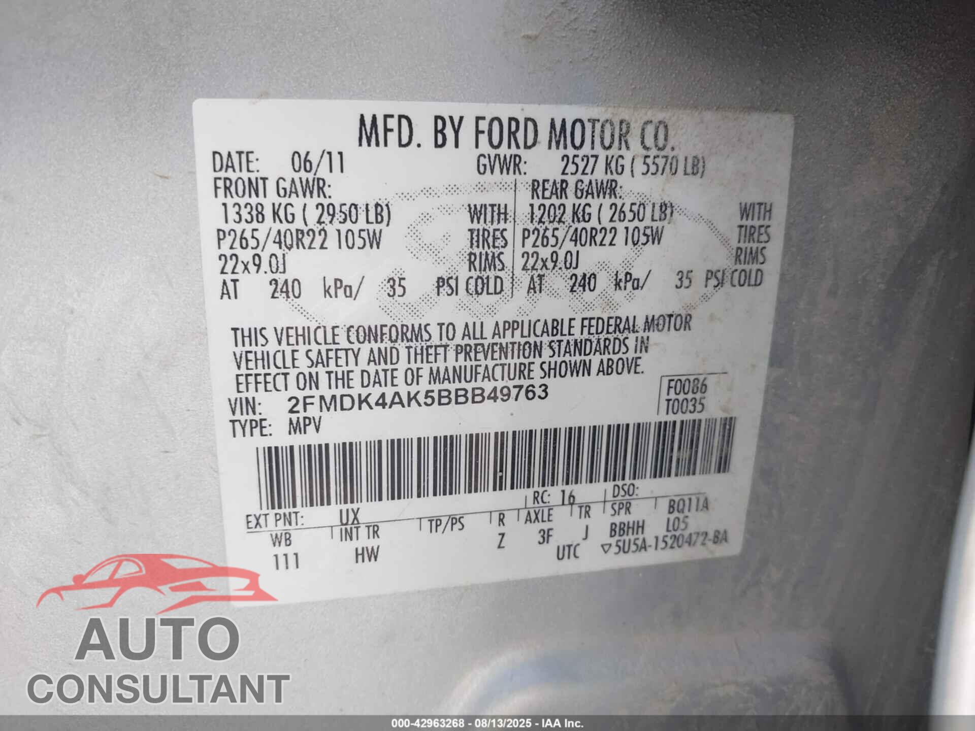 FORD EDGE 2011 - 2FMDK4AK5BBB49763