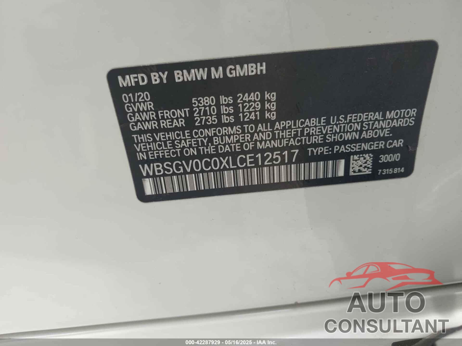 BMW M8 GRAN COUPE 2020 - WBSGV0C0XLCE12517