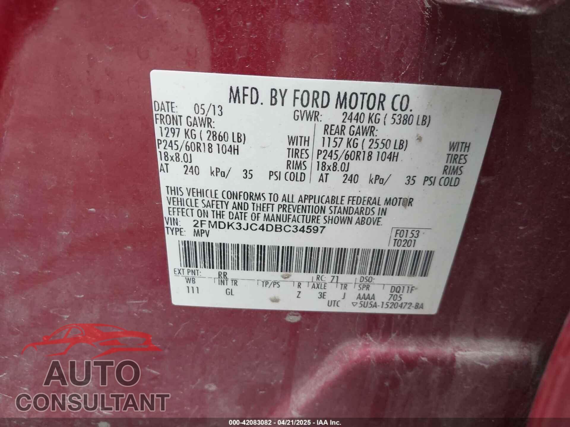 FORD EDGE 2013 - 2FMDK3JC4DBC34597