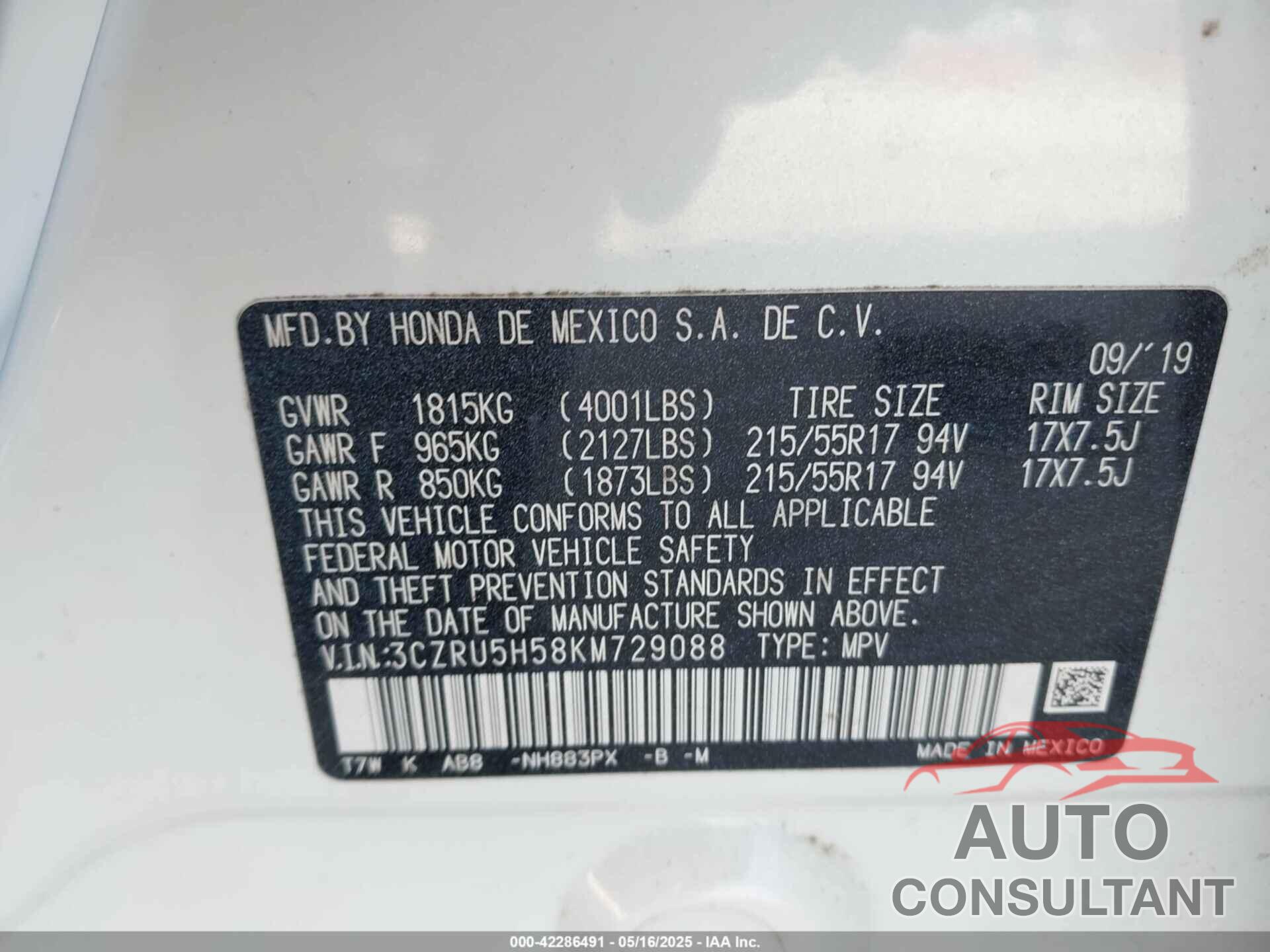 HONDA HR-V 2019 - 3CZRU5H58KM729088