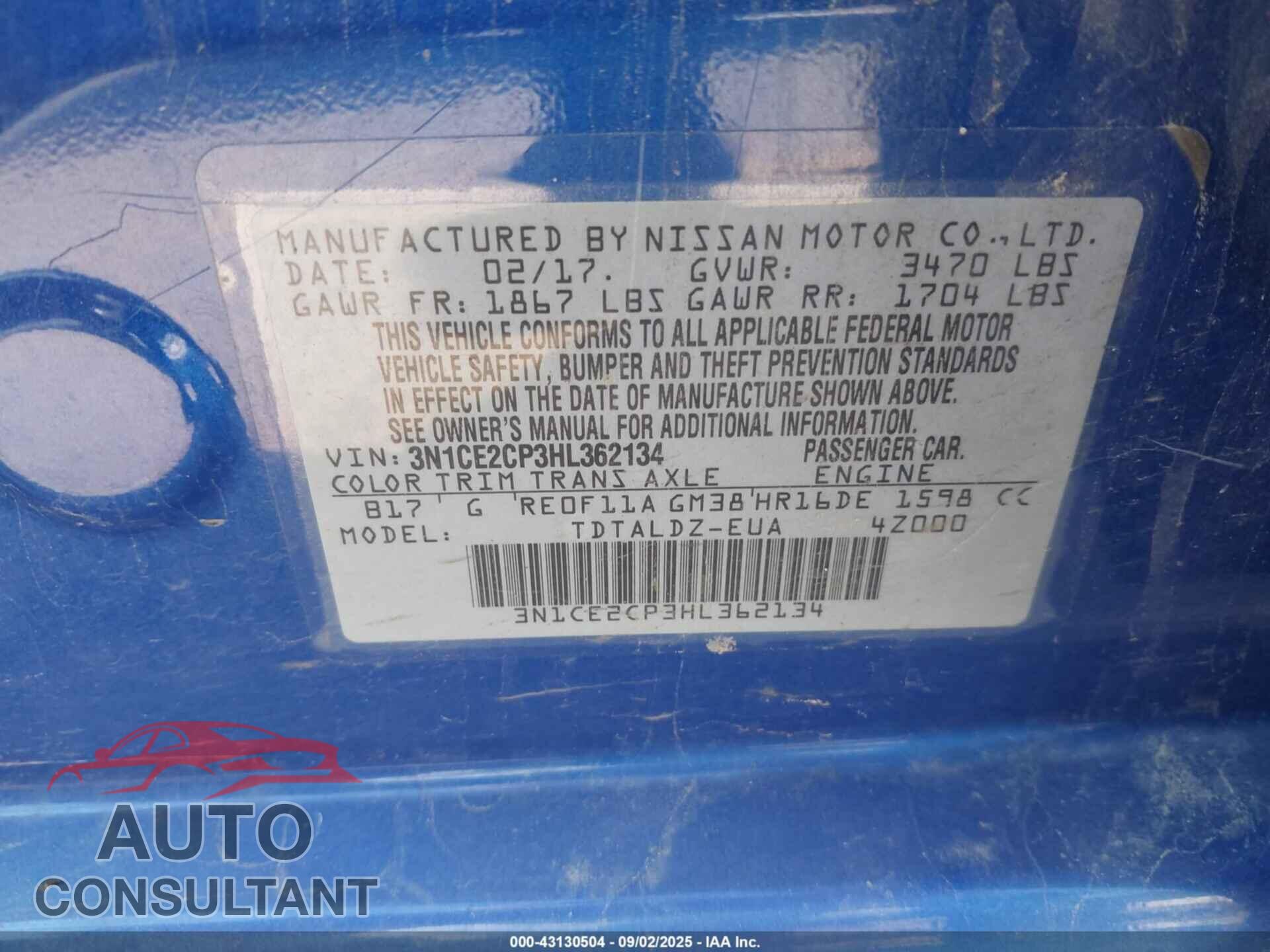 NISSAN VERSA NOTE 2017 - 3N1CE2CP3HL362134
