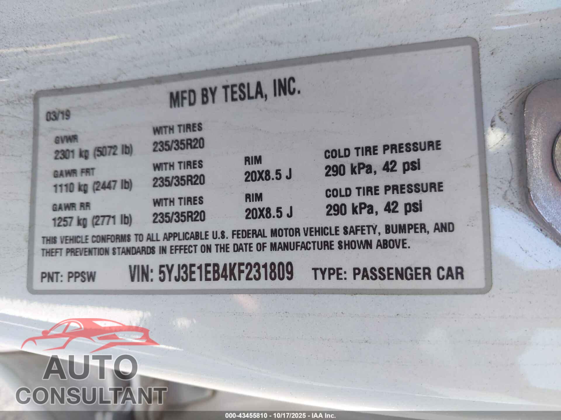 TESLA MODEL 3 2019 - 5YJ3E1EB4KF231809