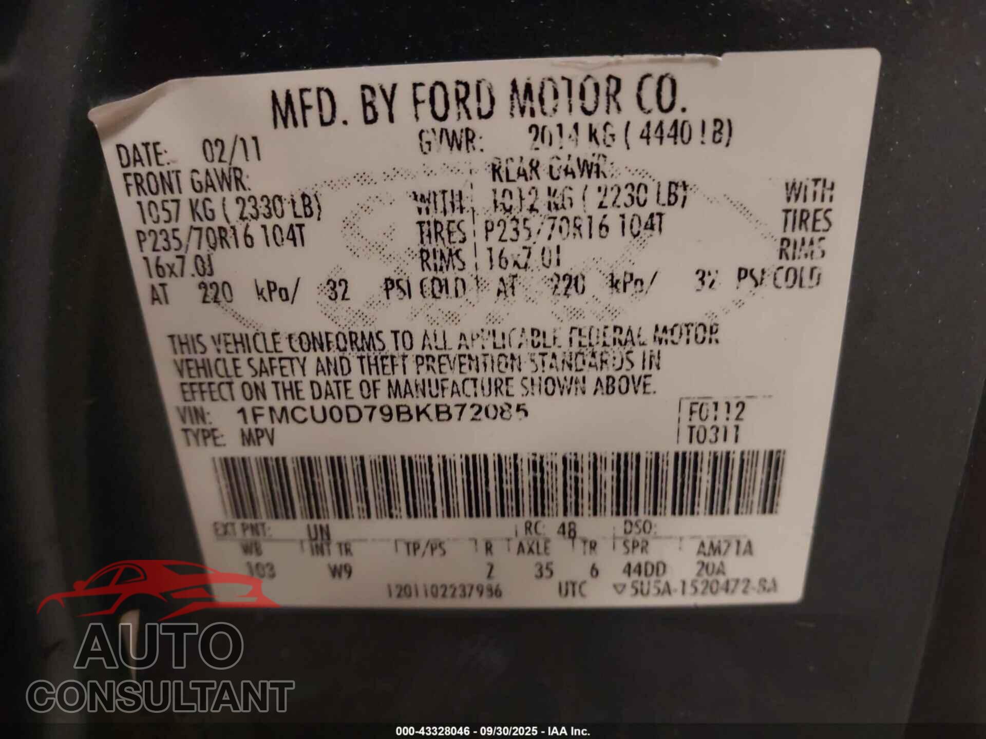 FORD ESCAPE 2011 - 1FMCU0D79BKB72085