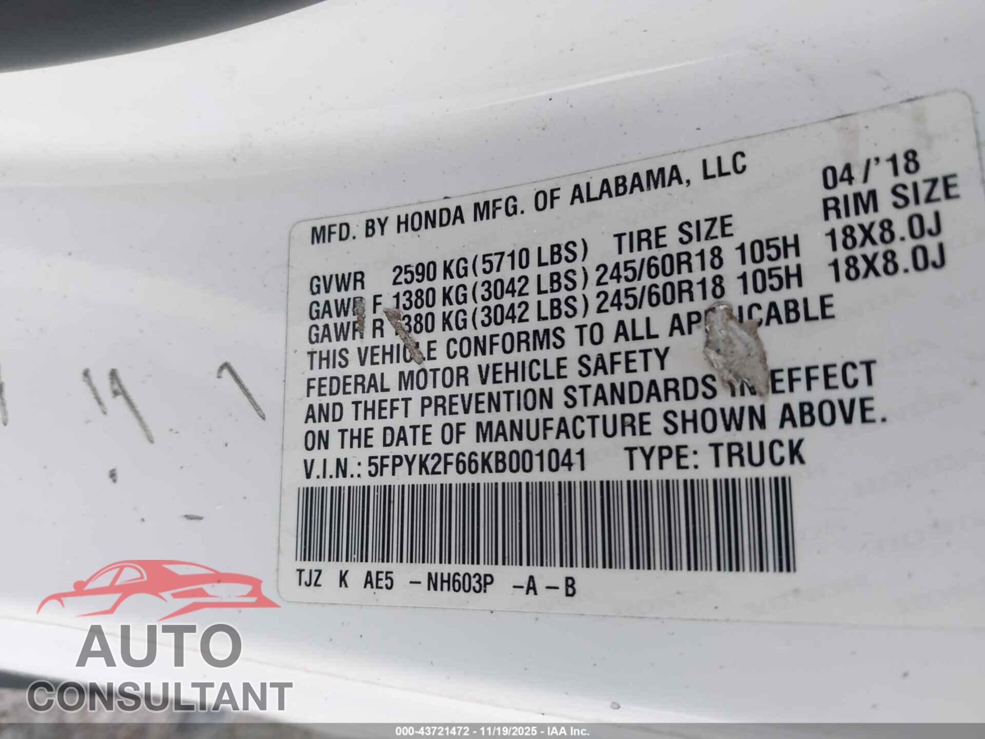 HONDA RIDGELINE 2019 - 5FPYK2F66KB001041