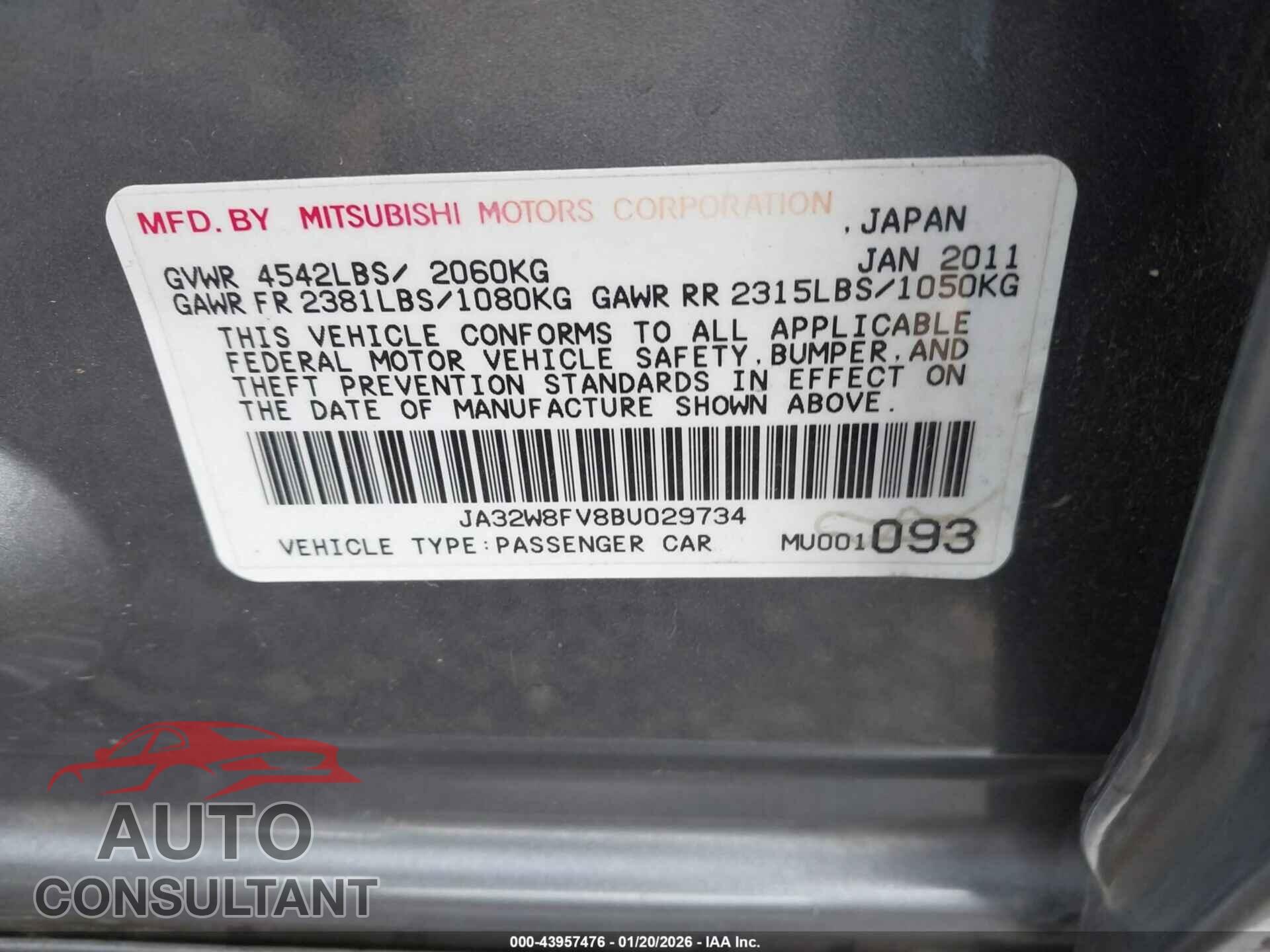 MITSUBISHI LANCER EVOLUTION 2011 - JA32W8FV9BU029743