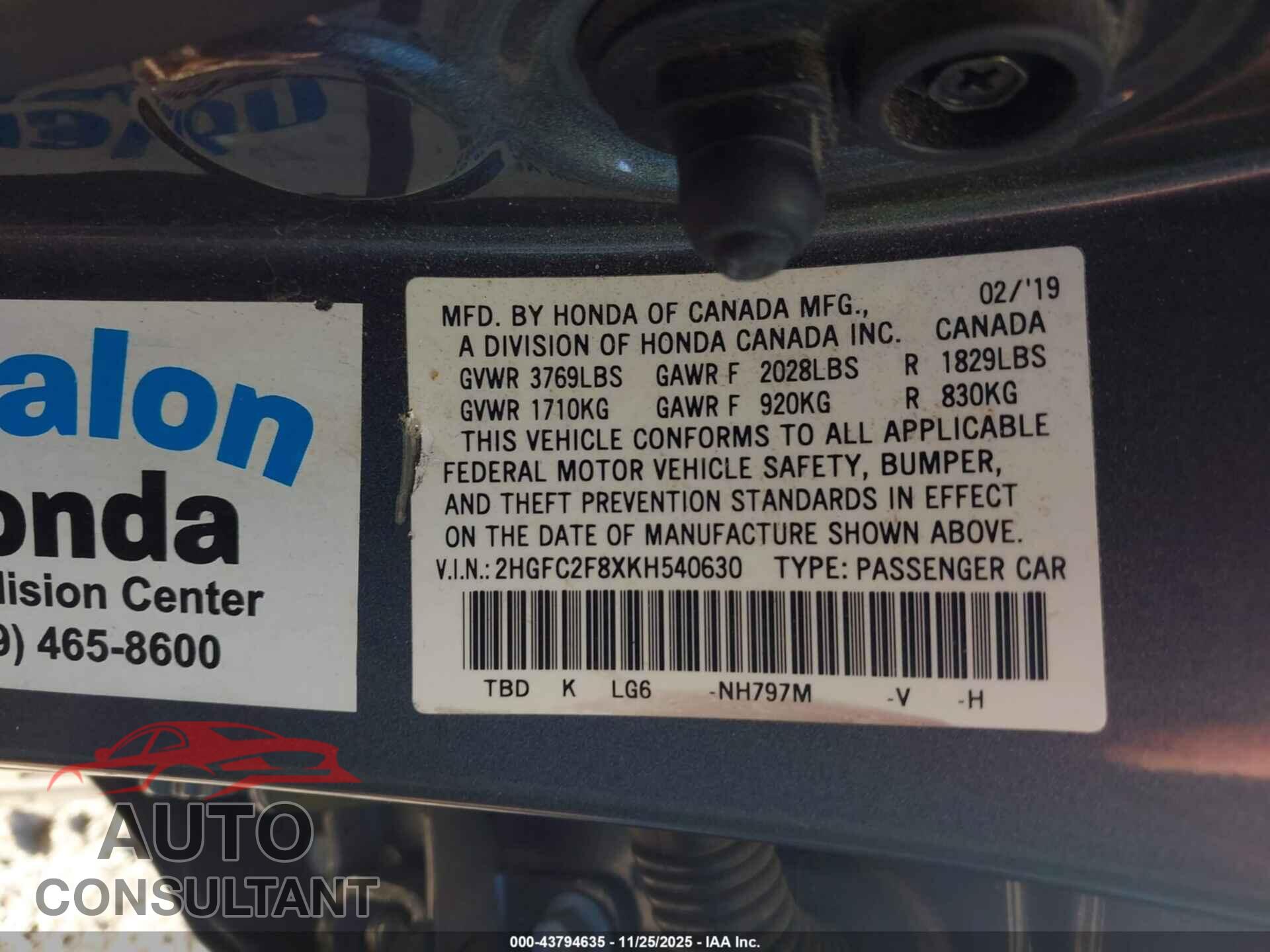 HONDA CIVIC 2019 - 2HGFC2F8XKH540630