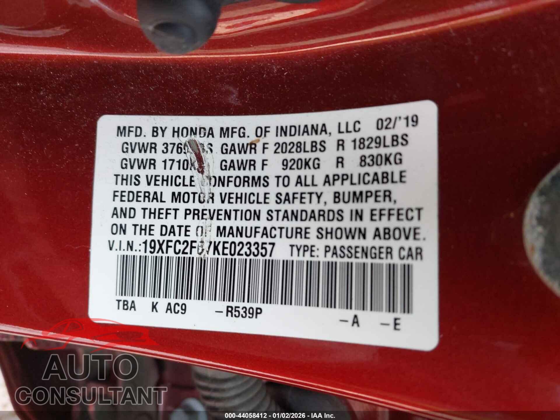 HONDA CIVIC 2019 - 19XFC2F67KE023357