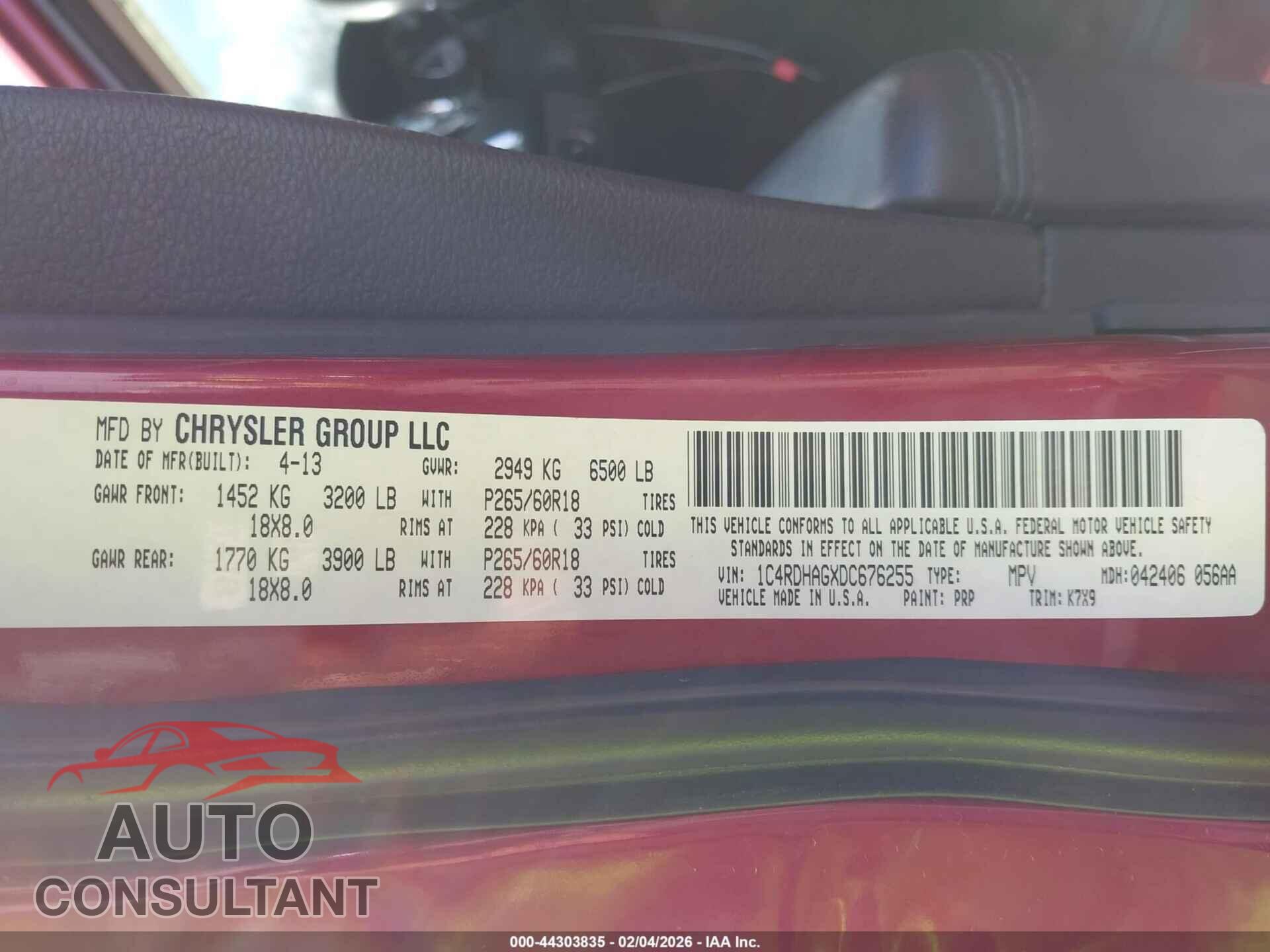 DODGE DURANGO 2013 - 1C4RDHAGXDC676255