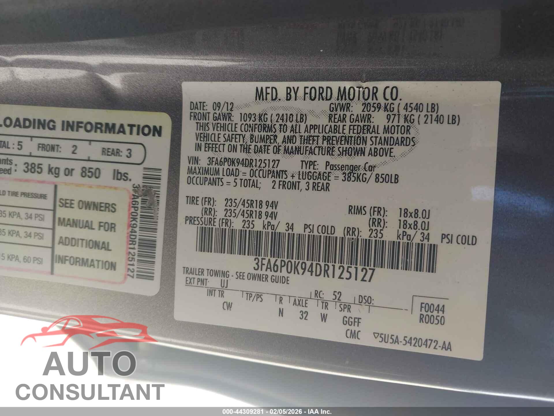 FORD FUSION 2013 - 3FA6P0K94DR125127