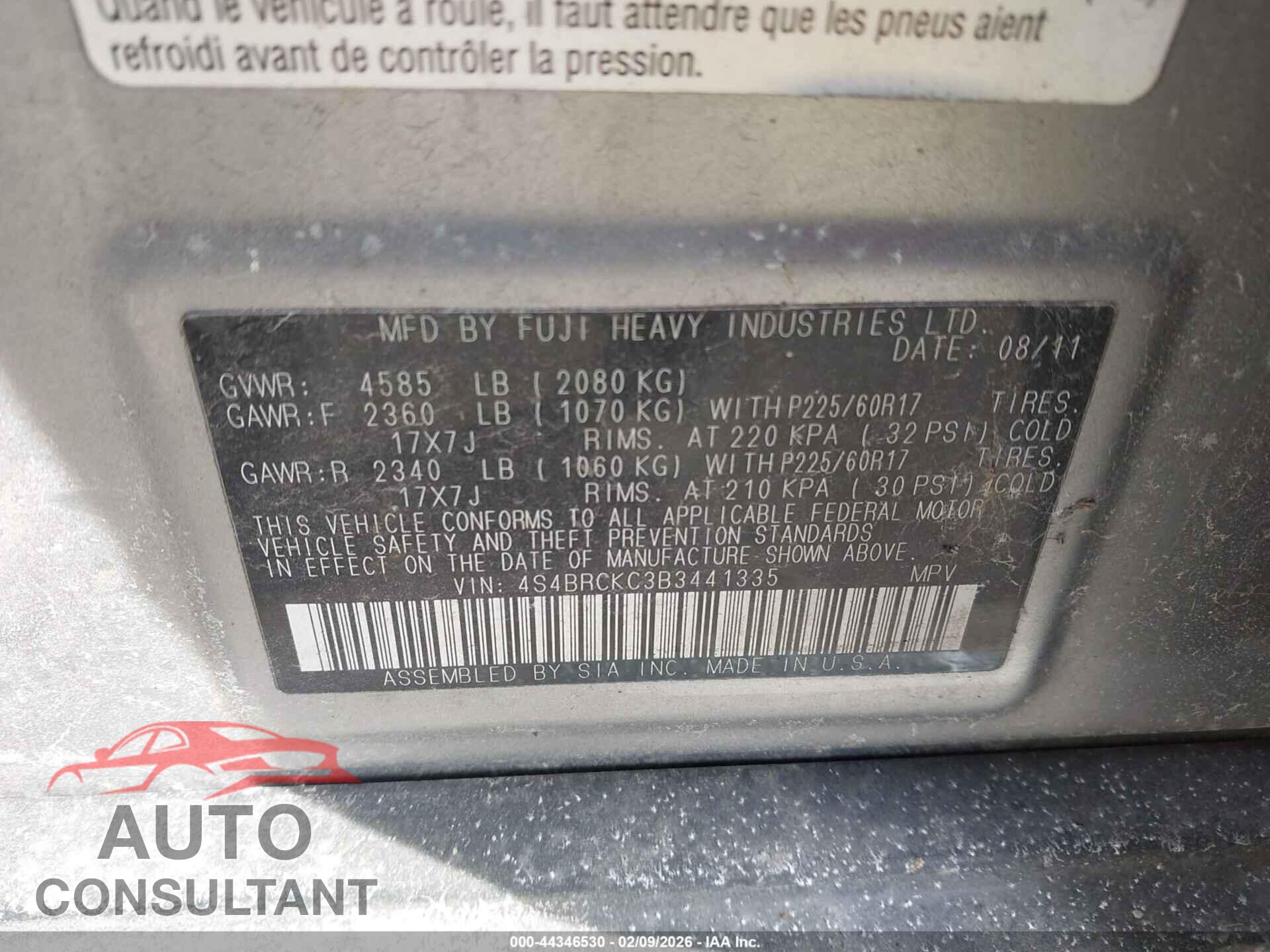 SUBARU OUTBACK 2011 - 4S4BRCKC3B3441335