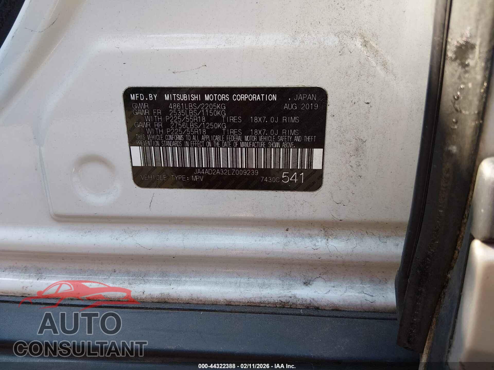 MITSUBISHI OUTLANDER 2020 - JA4AD2A32LZ009239