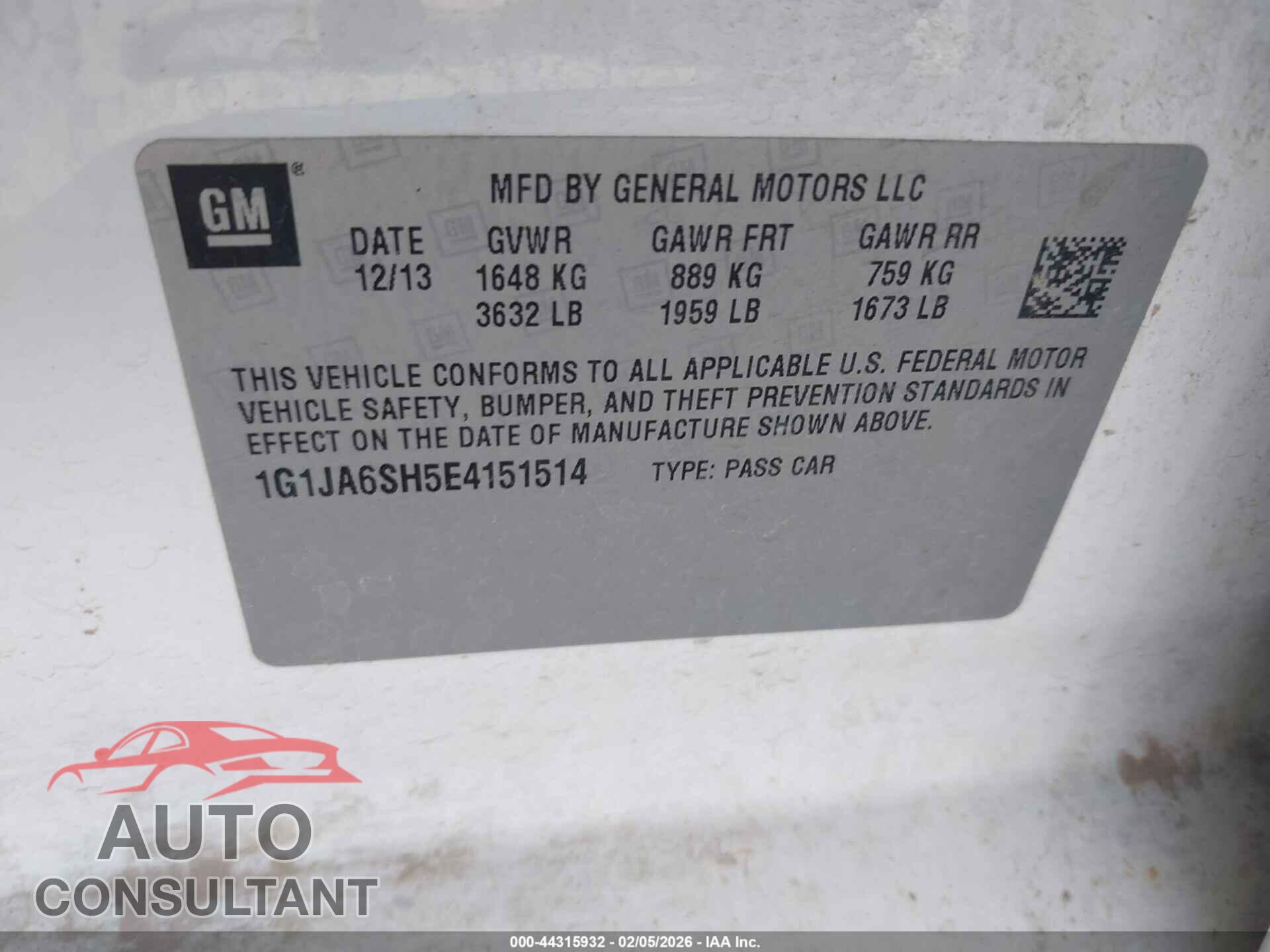 CHEVROLET SONIC 2014 - 1G1JA6SH5E4151514