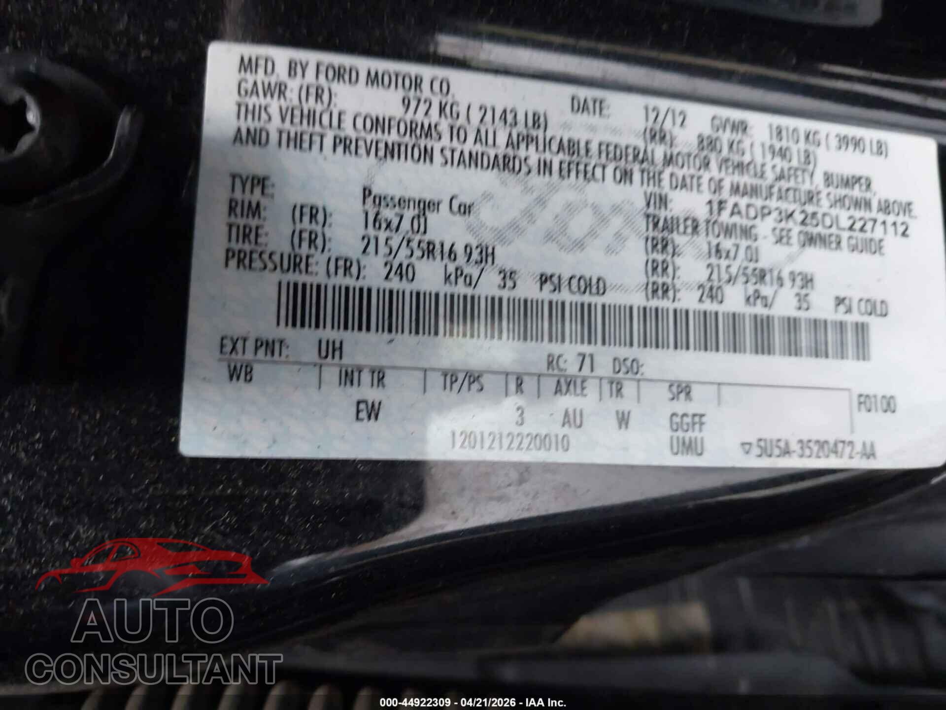 FORD FOCUS 2013 - 1FADP3K25DL227112