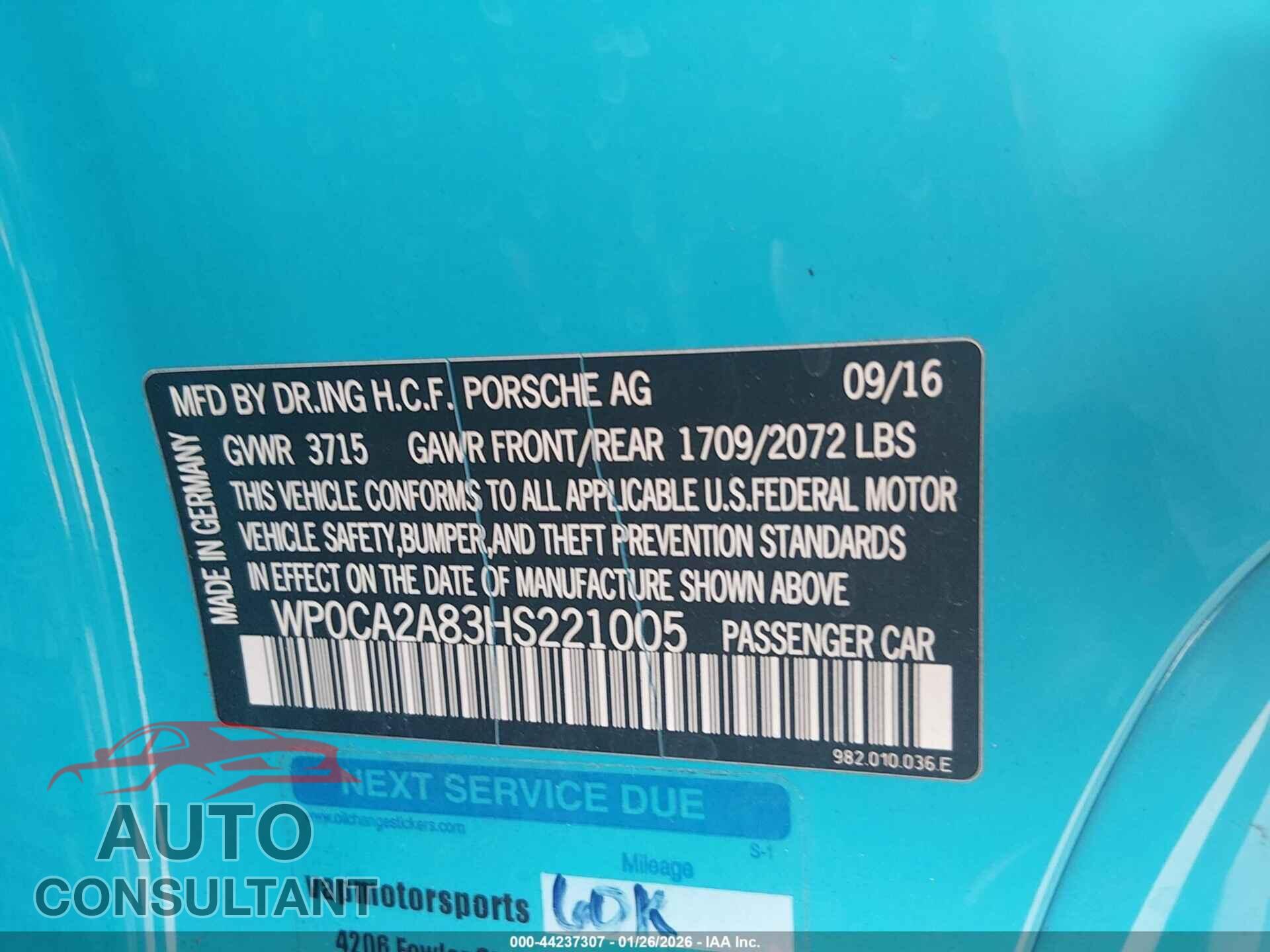 PORSCHE 718 BOXSTER 2017 - WP0CA2A83HS221005
