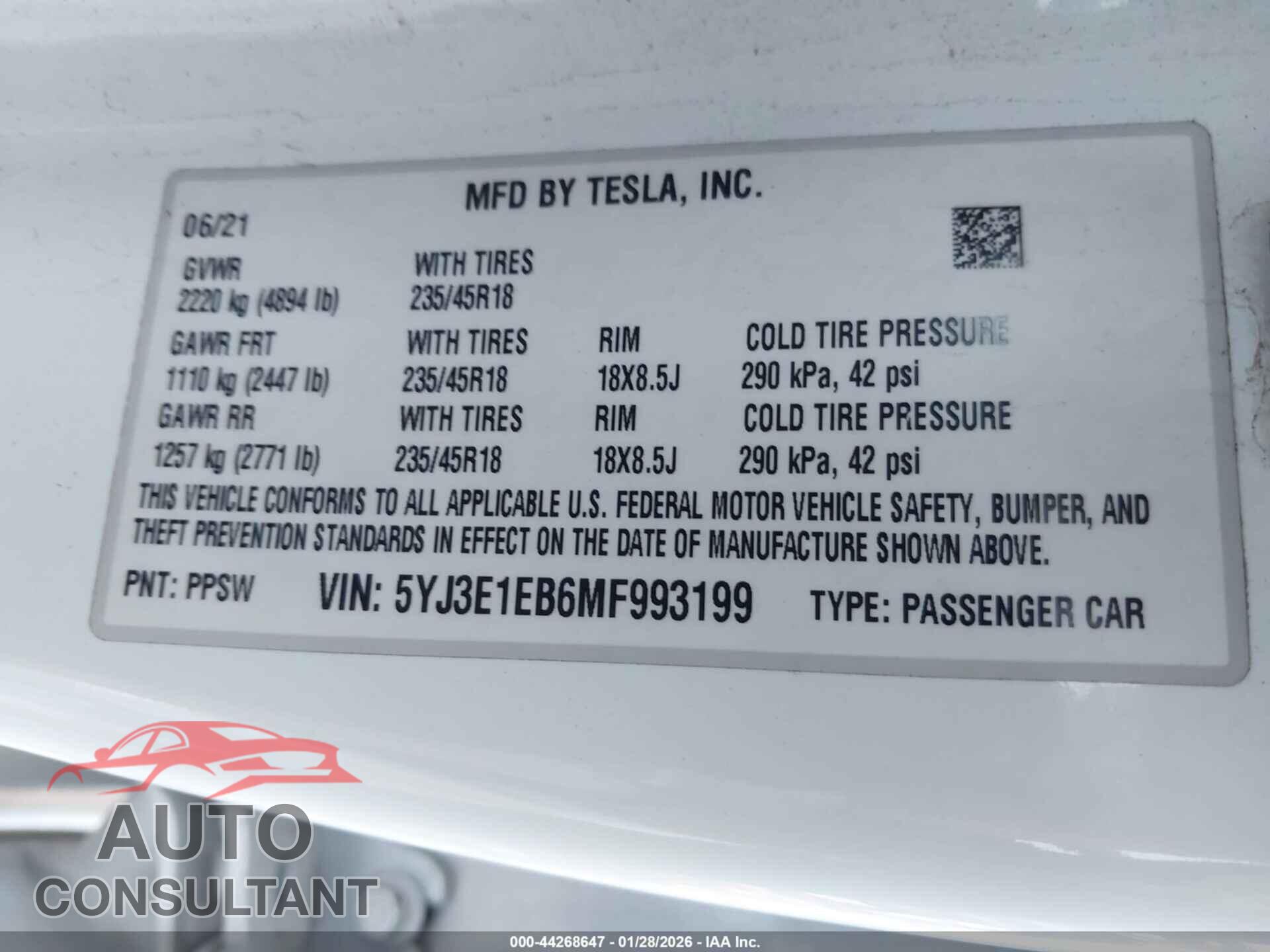 TESLA MODEL 3 2021 - 5YJ3E1EB6MF993199