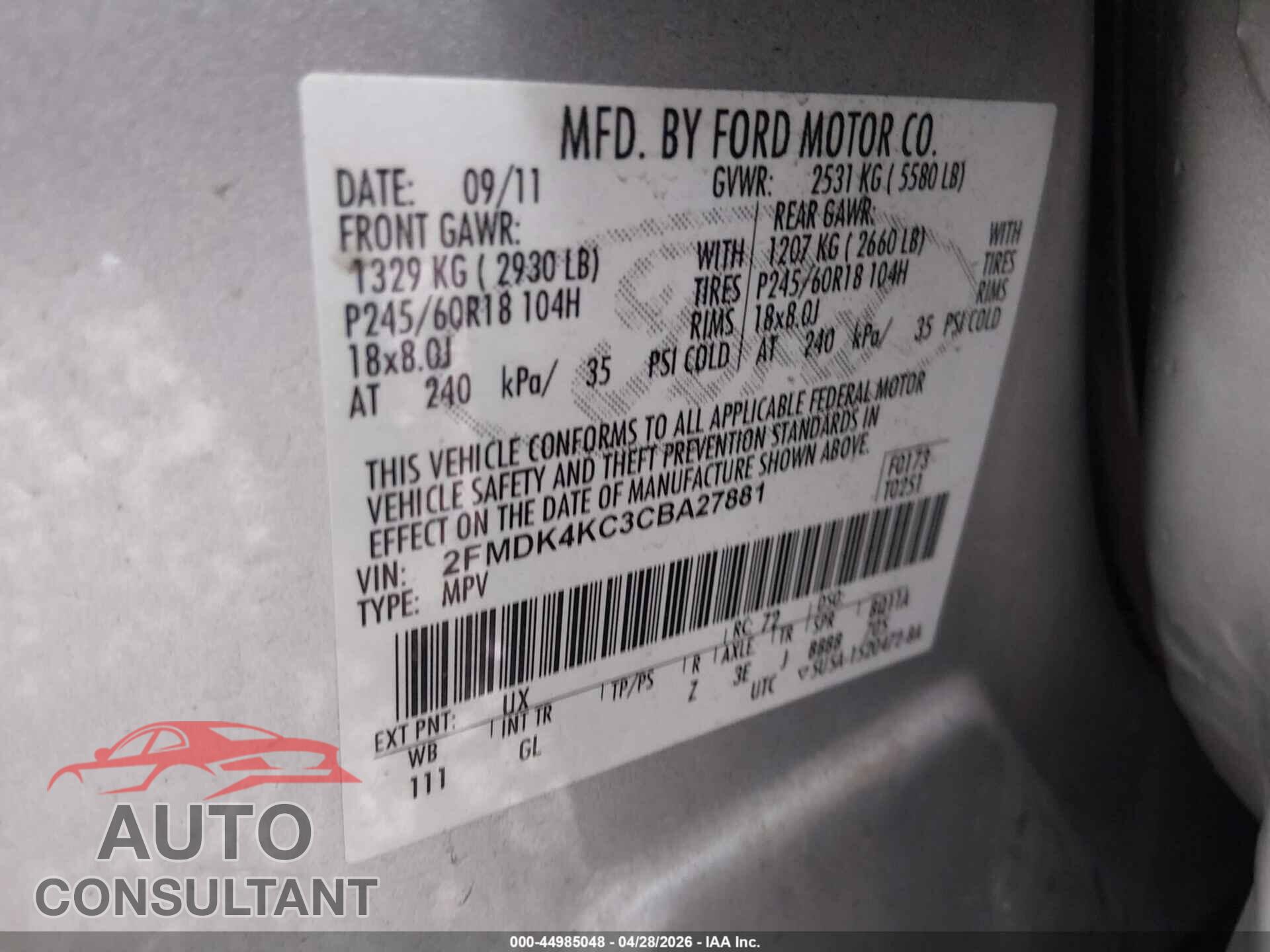 FORD EDGE 2012 - 2FMDK4KC3CBA27881