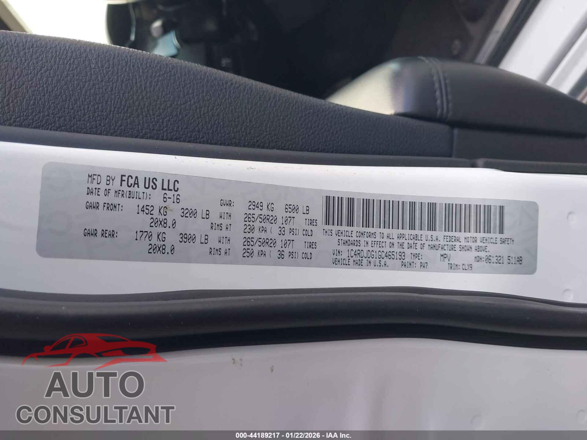 DODGE DURANGO 2016 - 1C4RDJDG1GC465193