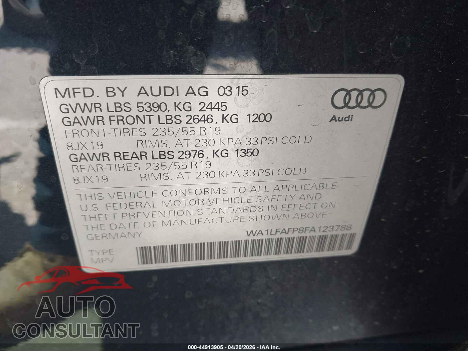 AUDI Q5 2015 - WA1LFAFP8FA123788